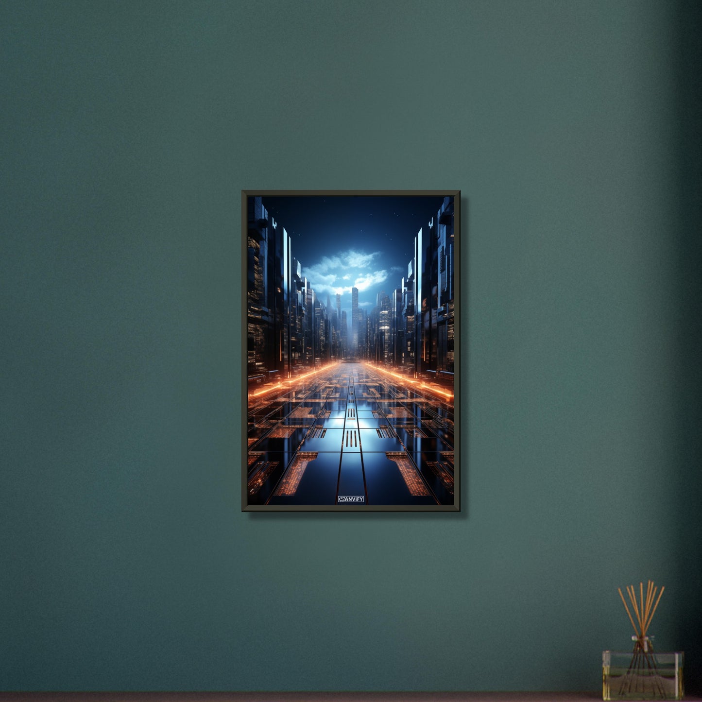 Interstellares Rechenzentrum von einer künstlichen Intelligenz auf einem Poster im Metallrahmen
