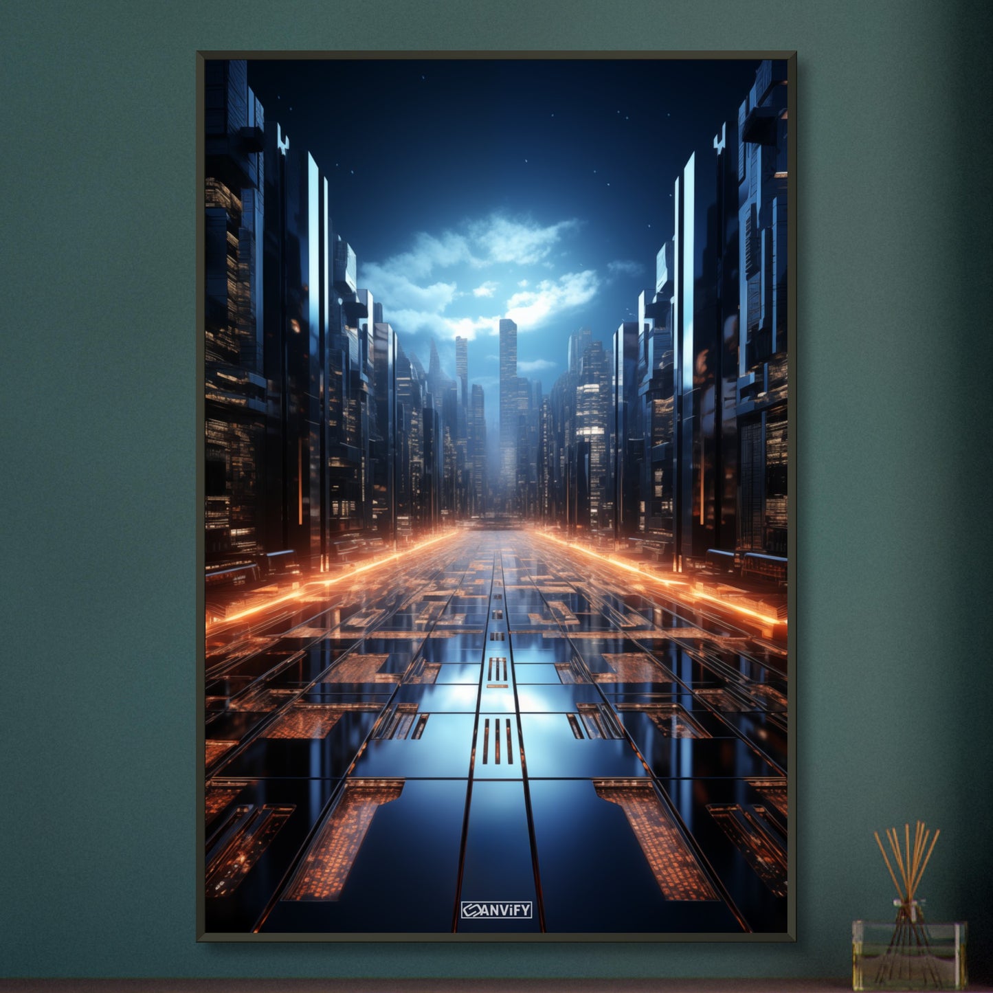 Interstellares Rechenzentrum von einer künstlichen Intelligenz auf einem Poster im Metallrahmen