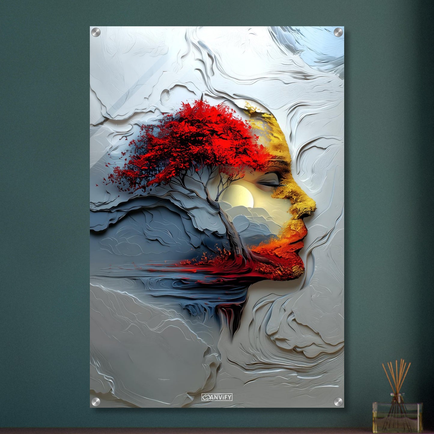 Japanischer Ahornbaum in einem abstrakten träumenden Gesicht mit einem Mond auf einem Acrylbild