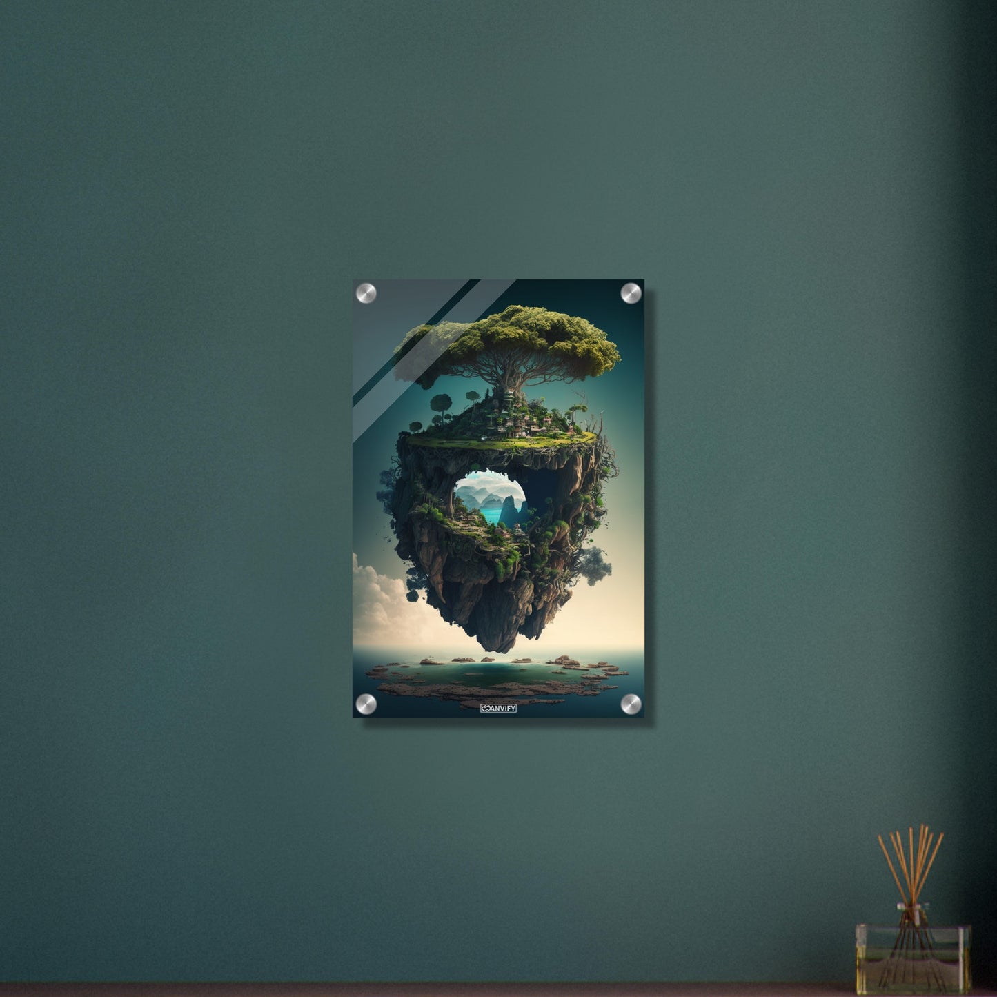 Dschungelinsel mit einem Portal und einer Kleinstadt auf einem Acrylbild