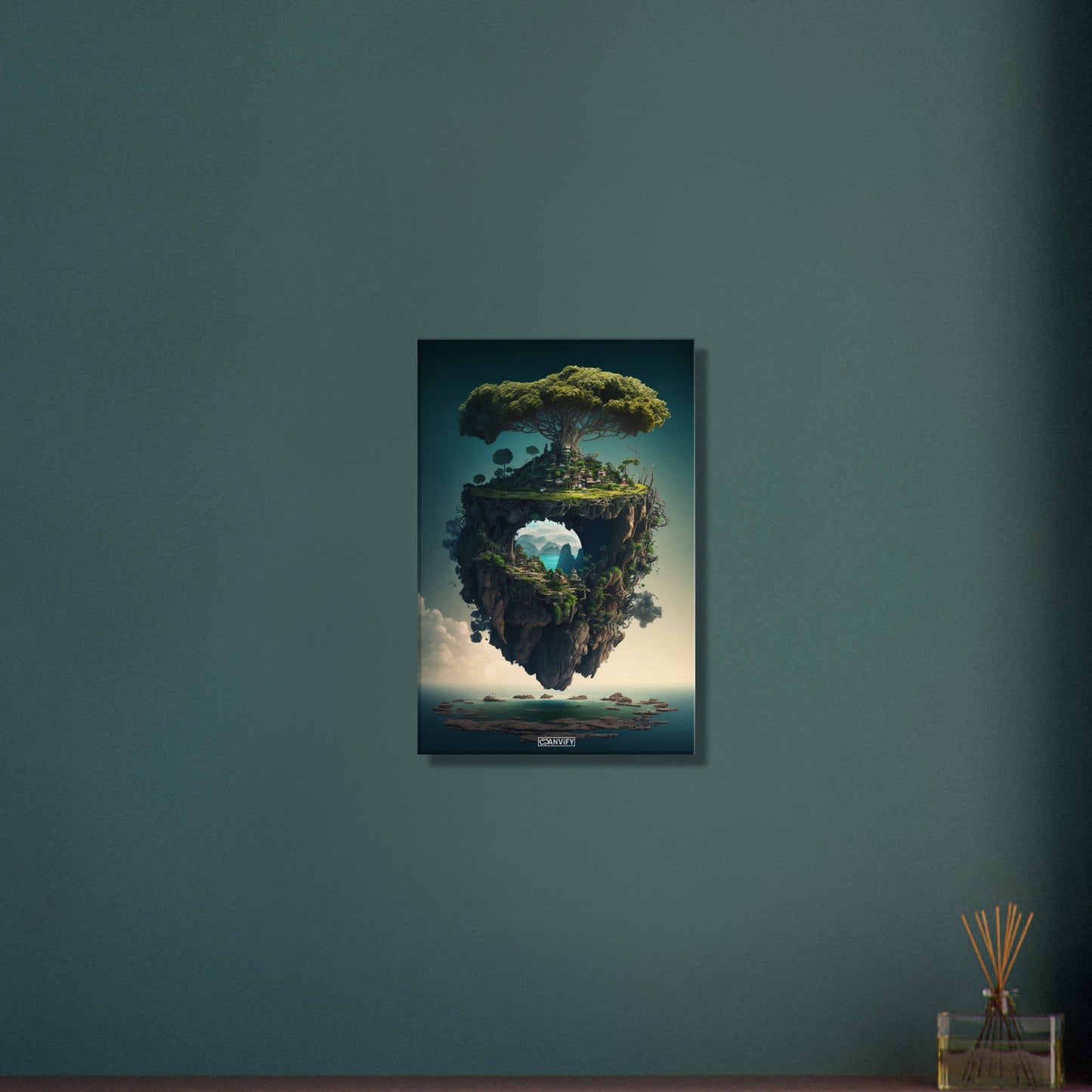 Dschungelinsel mit einem Portal und einer Kleinstadt auf einer Leinwand