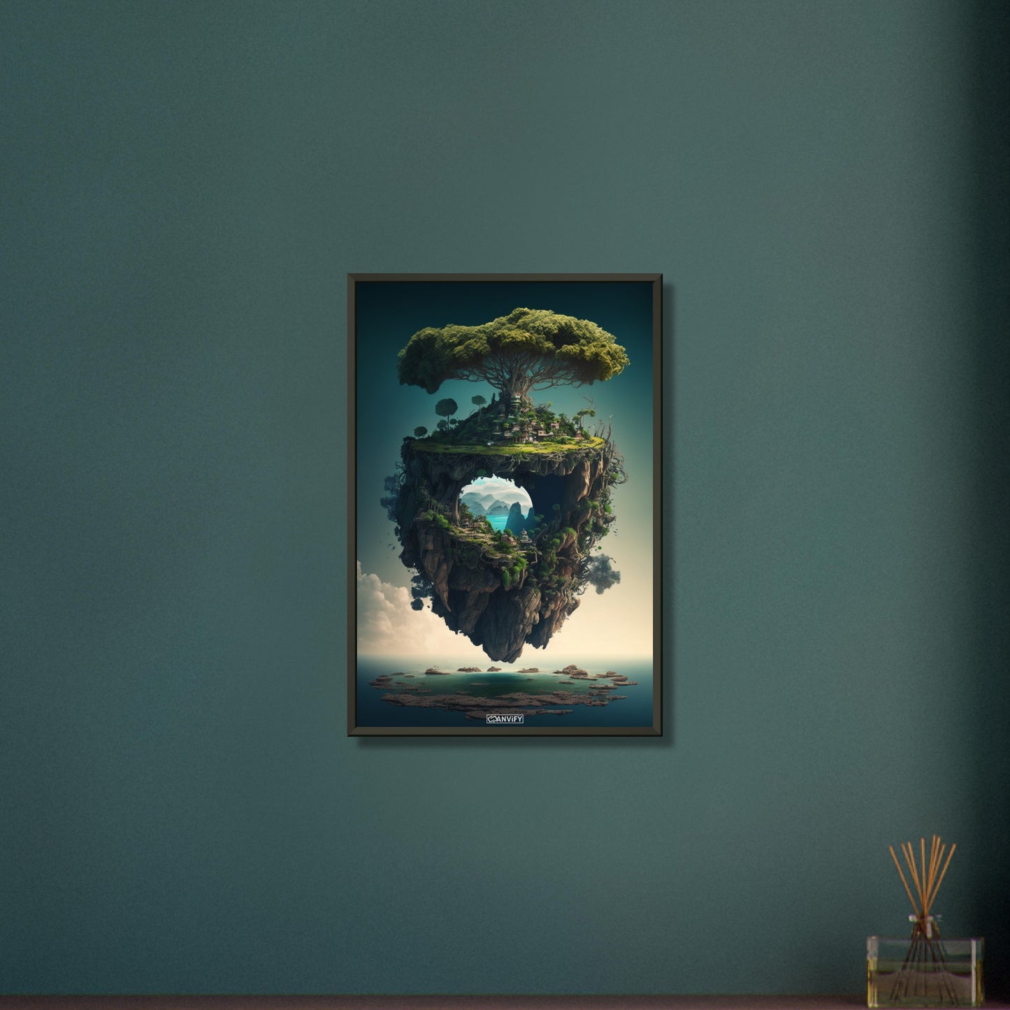 Dschungelinsel mit einem Portal und einer Kleinstadt auf einem Poster im Metallrahmen