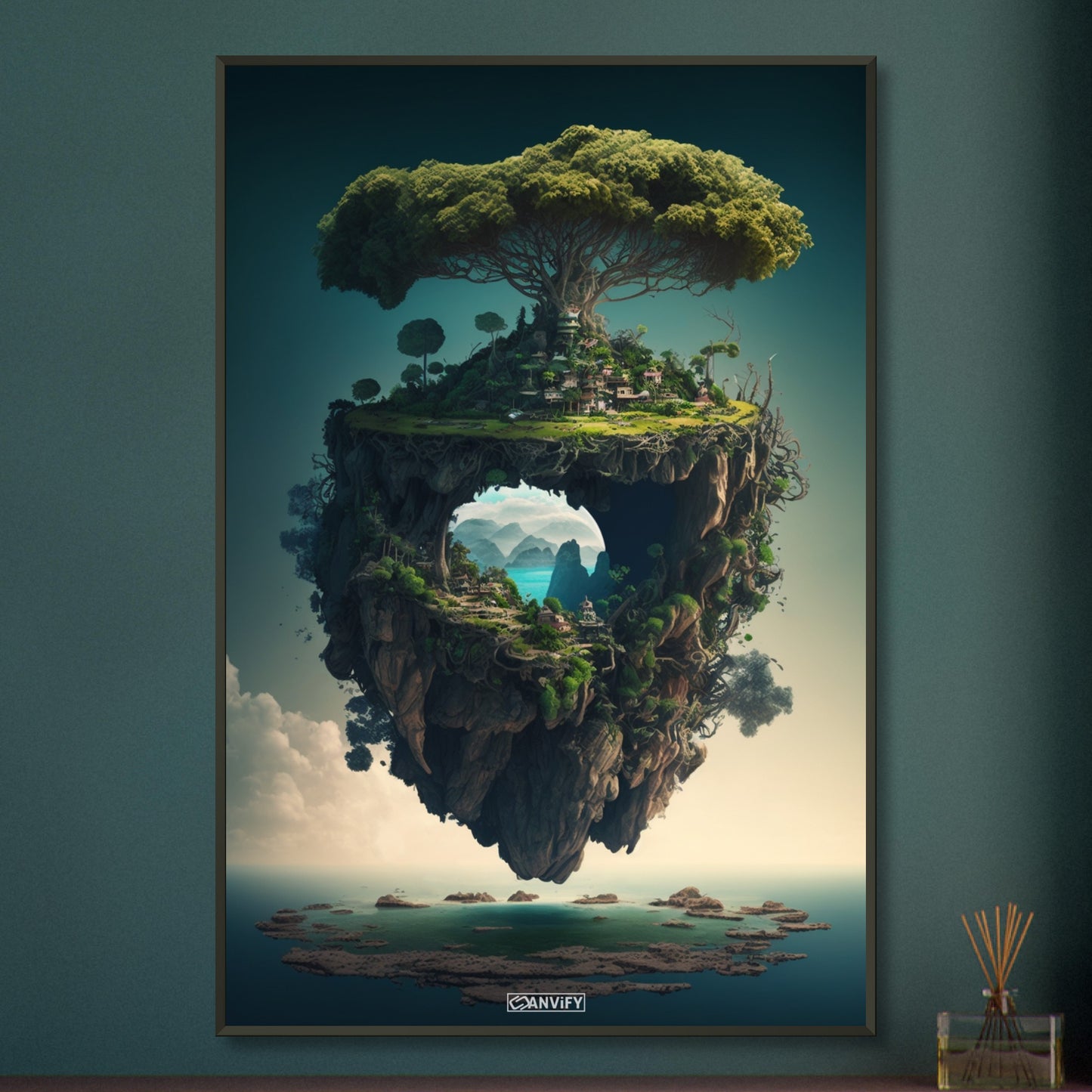 Dschungelinsel mit einem Portal und einer Kleinstadt auf einem Poster im Metallrahmen