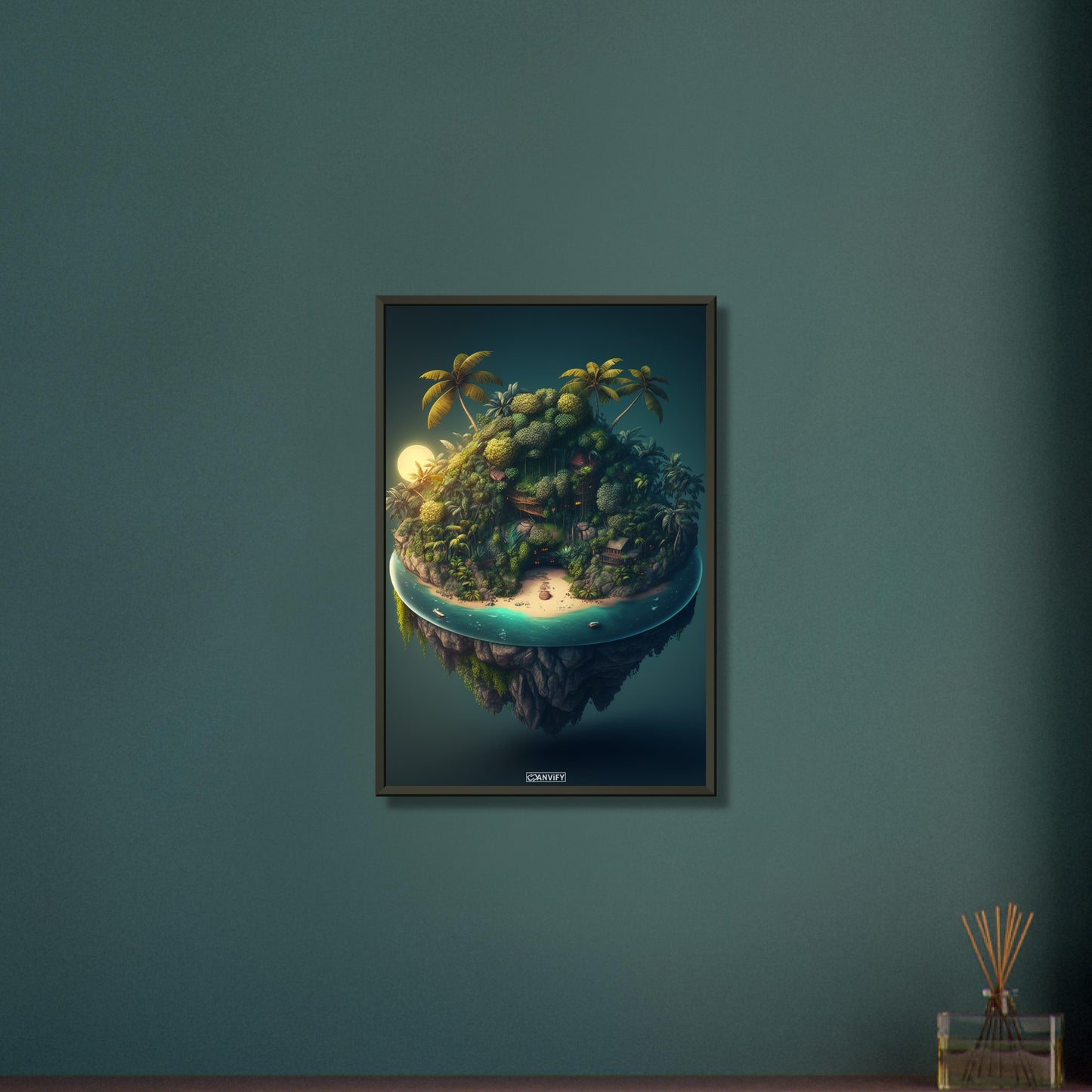 Schwebende Dschungelinsel mit einem Strandhaus und Meer auf einem Poster im Metallrahmen