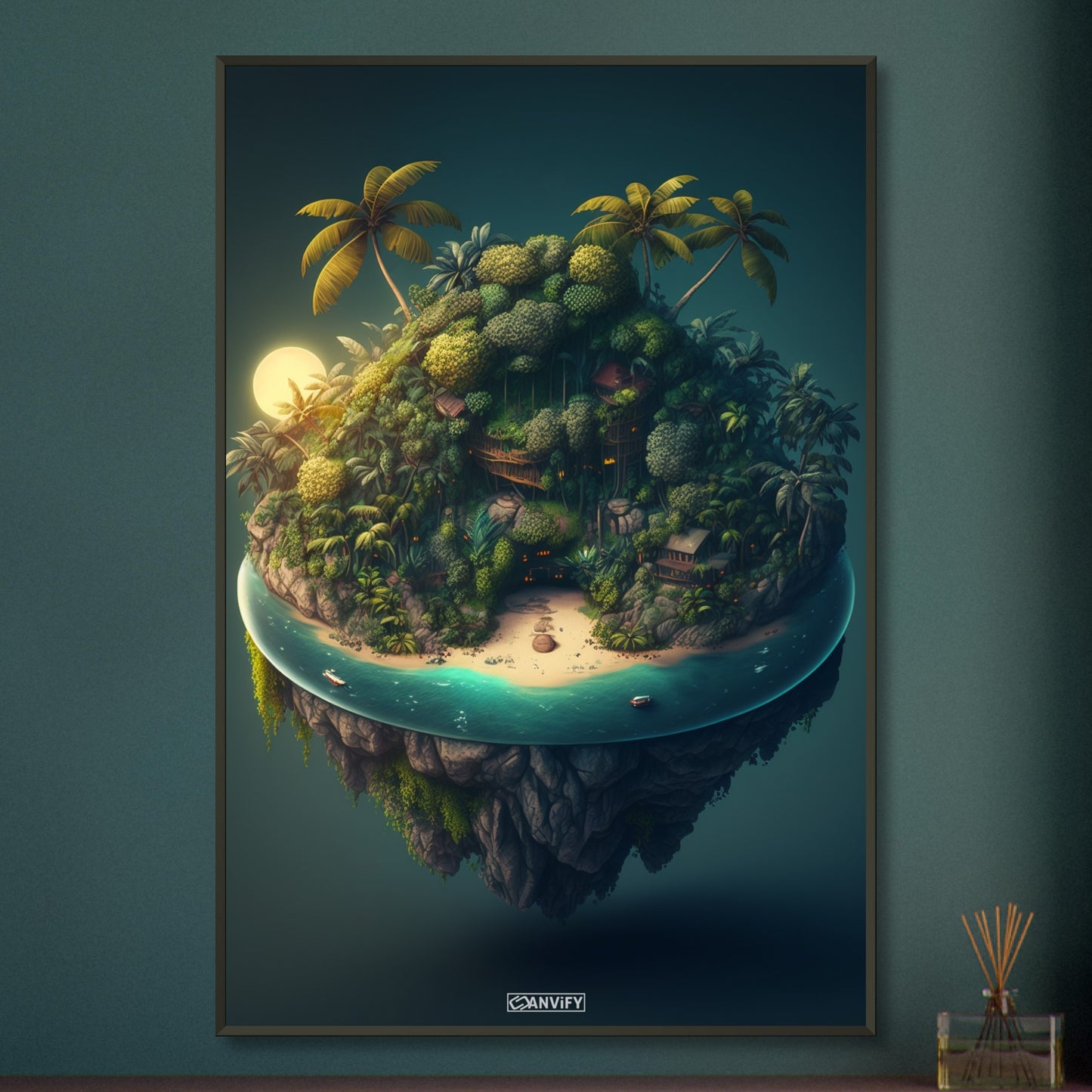 Schwebende Dschungelinsel mit einem Strandhaus und Meer auf einem Poster im Metallrahmen