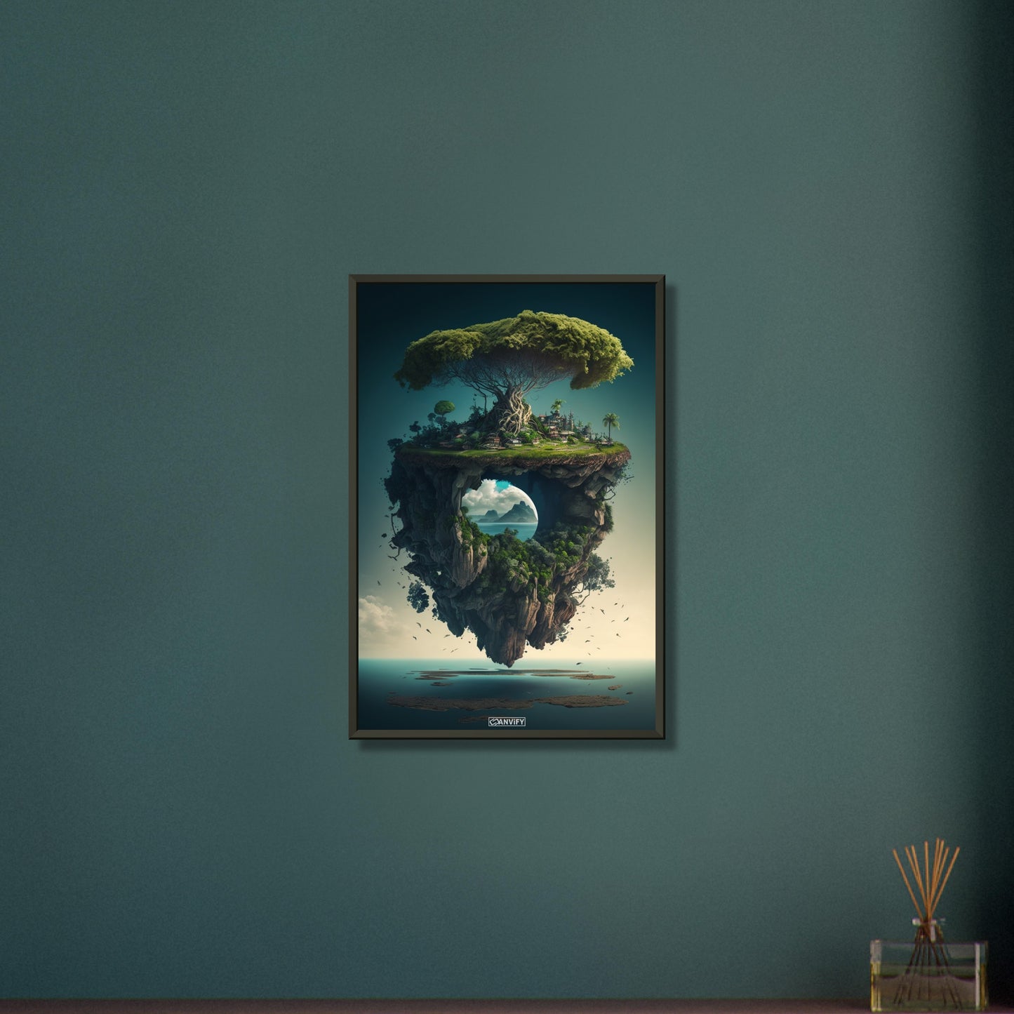 Dschungelbaum auf einer schwebenden Insel mit einem Portal auf einem Poster im Metallrahmen