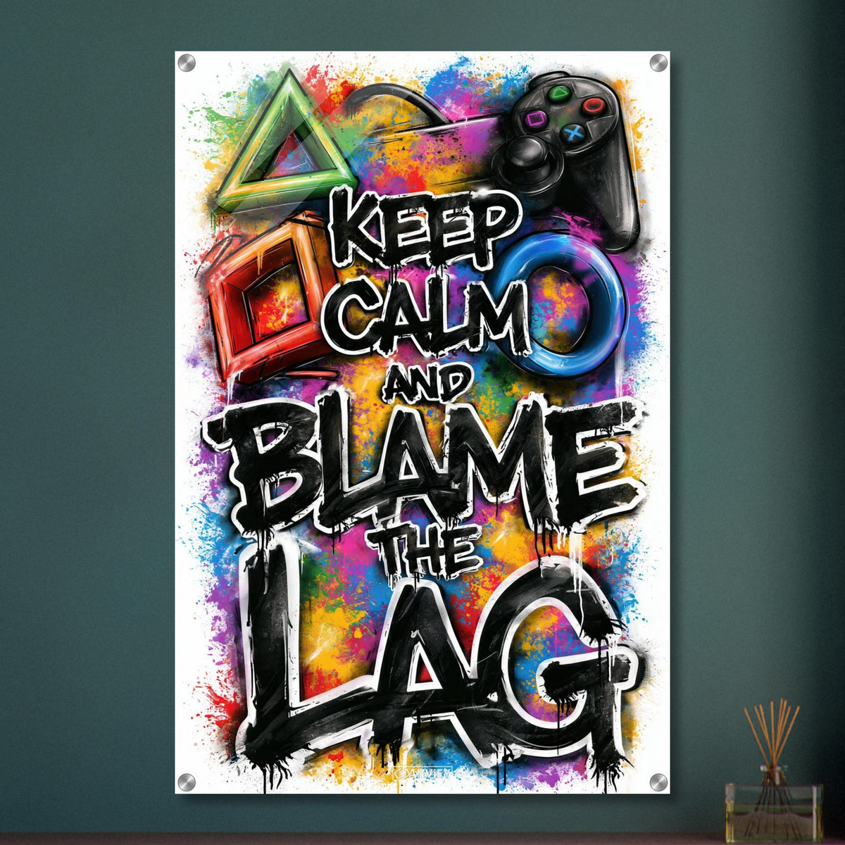 Playstation Controller mit bunten Symbolen und einem Spruch 'Keep Calm And Blame The Lag' im Graffiti Street Art Stil auf einem Acrylbild