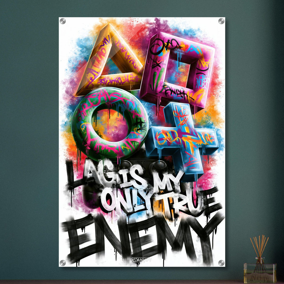 Playstation Symbole mit Controller in bunten Farben und einem Spruch 'Lag Is My Only True Enemy' im Graffiti Street Art Stil auf einem Acrylbild