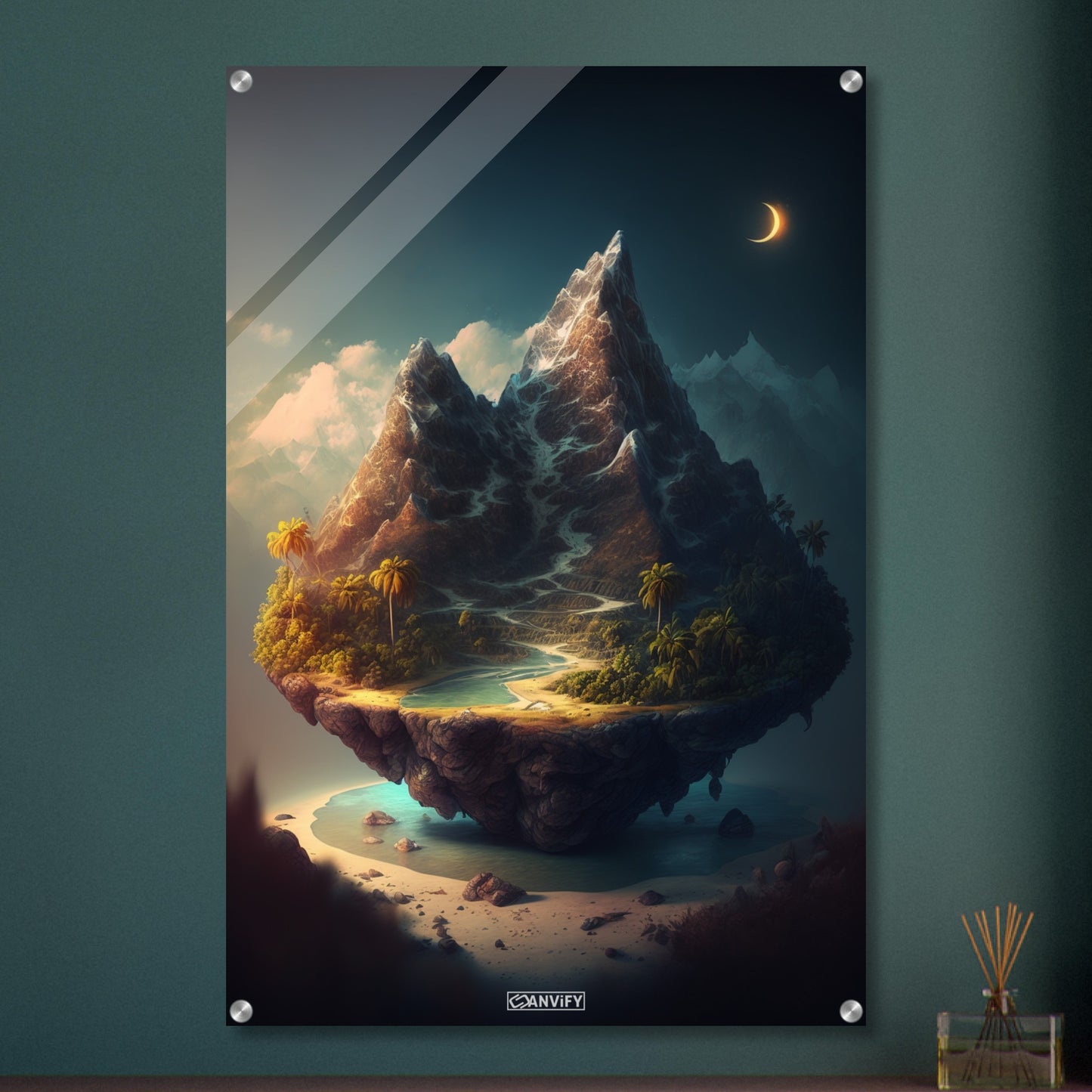 Berg mit Gletscher und einer Palmenoase auf einem Acrylbild