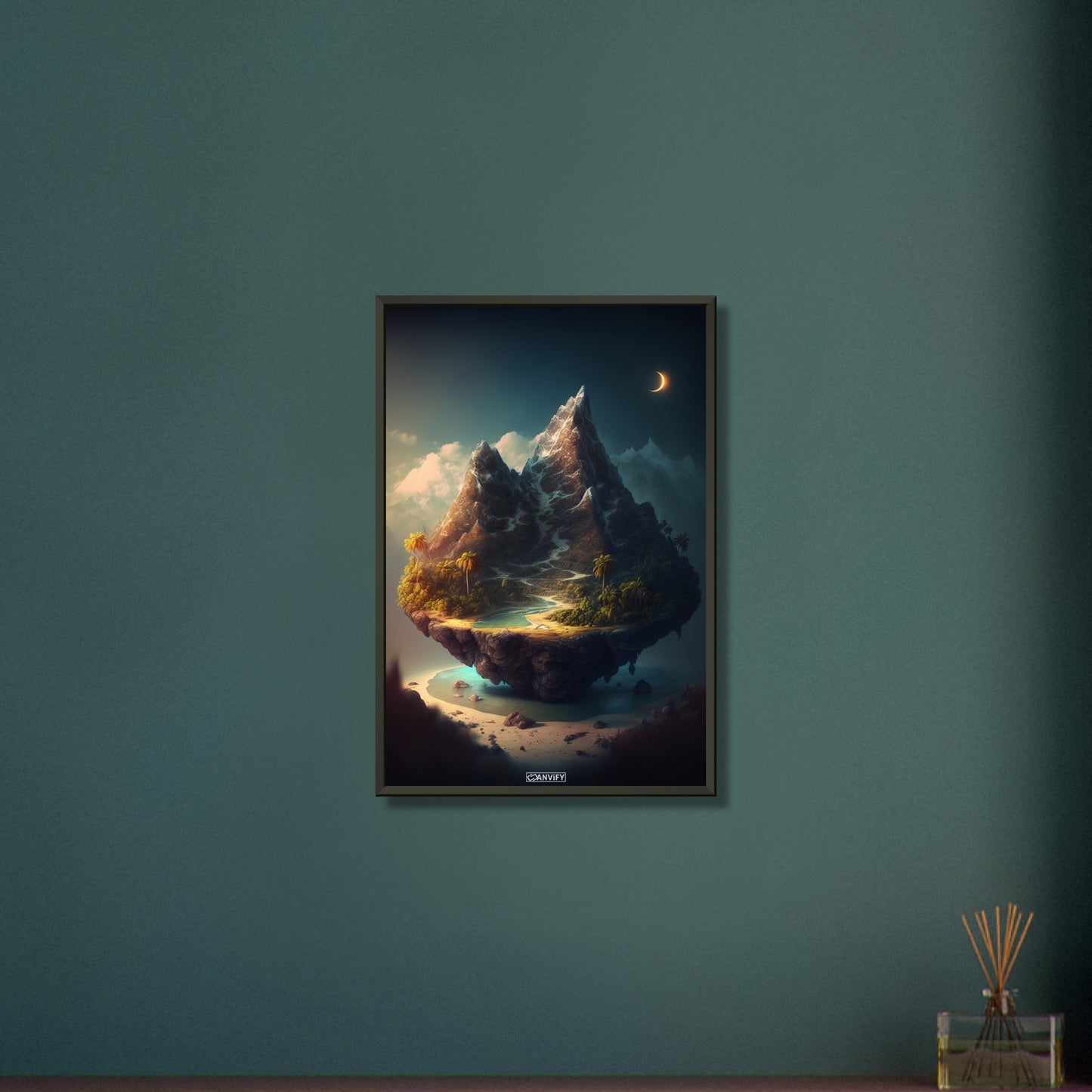 Berg mit Gletscher und einer Palmenoase auf einem Poster im Metallrahmen