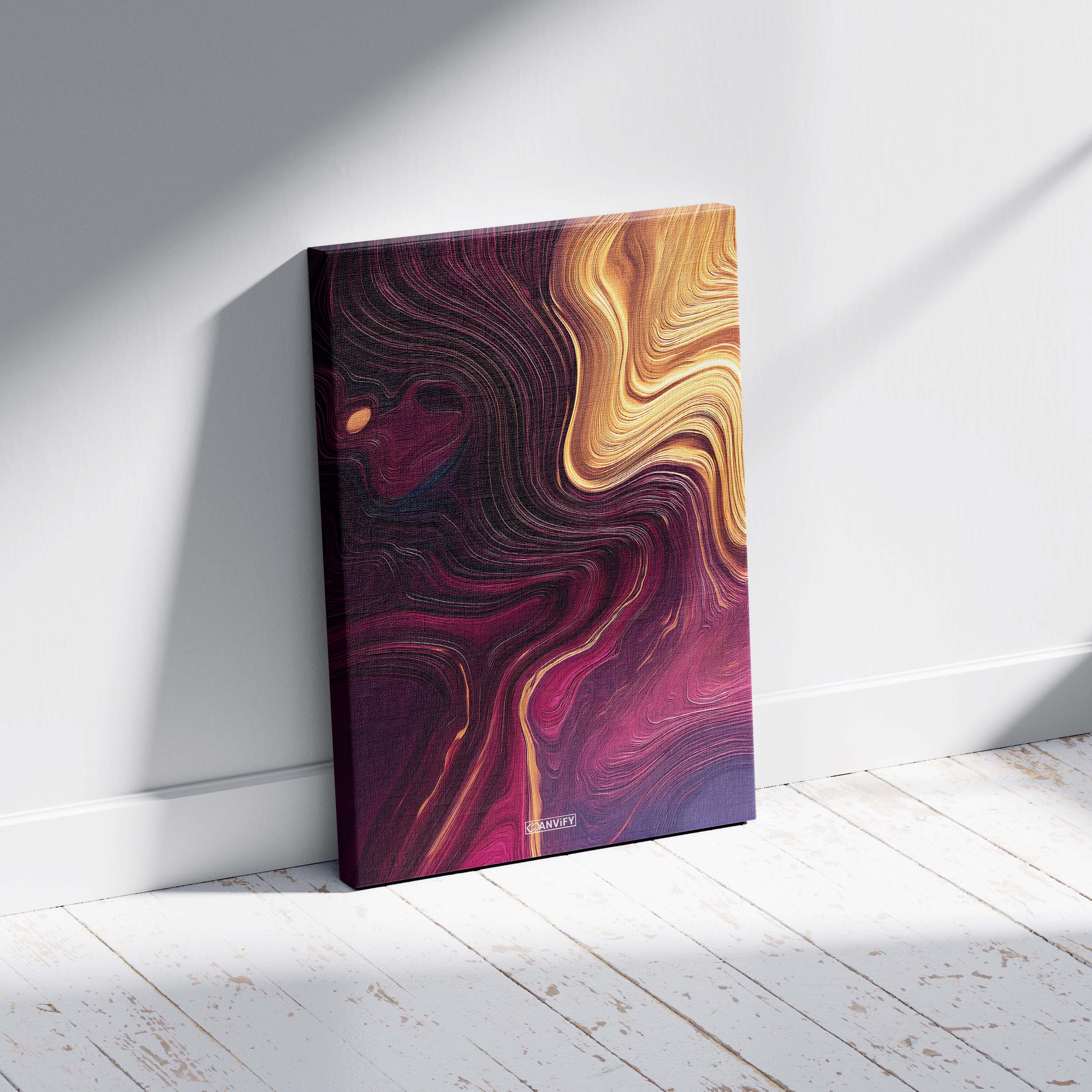 Kleines Leinwandbild in der Größe 30x45 cm namens Magenta Curves, angelehnt an eine weiße Wand am Boden