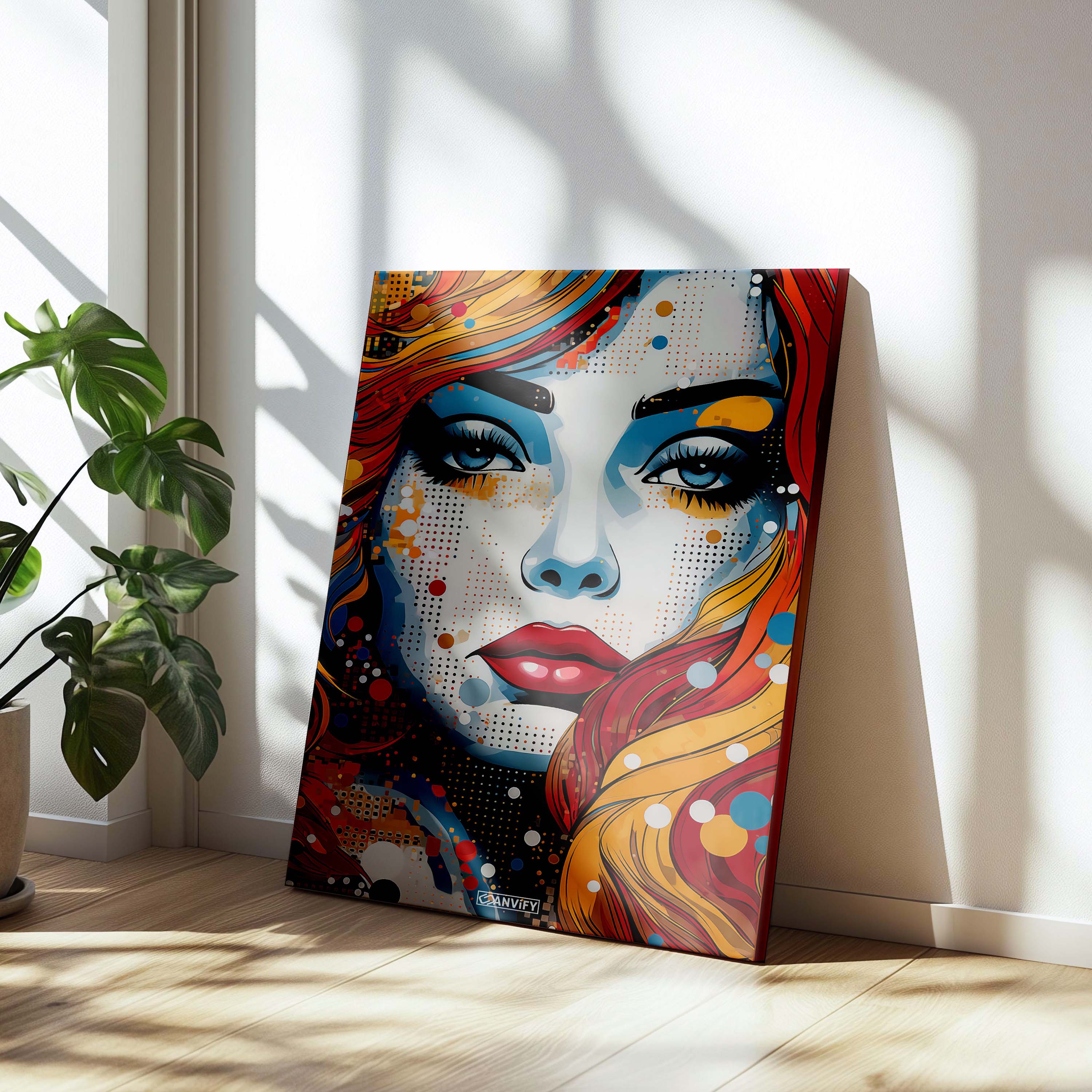 Großes Leinwandbild in der Größe 60x90 cm namens Bittersweet Beauty, angelehnt an eine weiße Wand am Boden und neben einer Zimmerpflanze