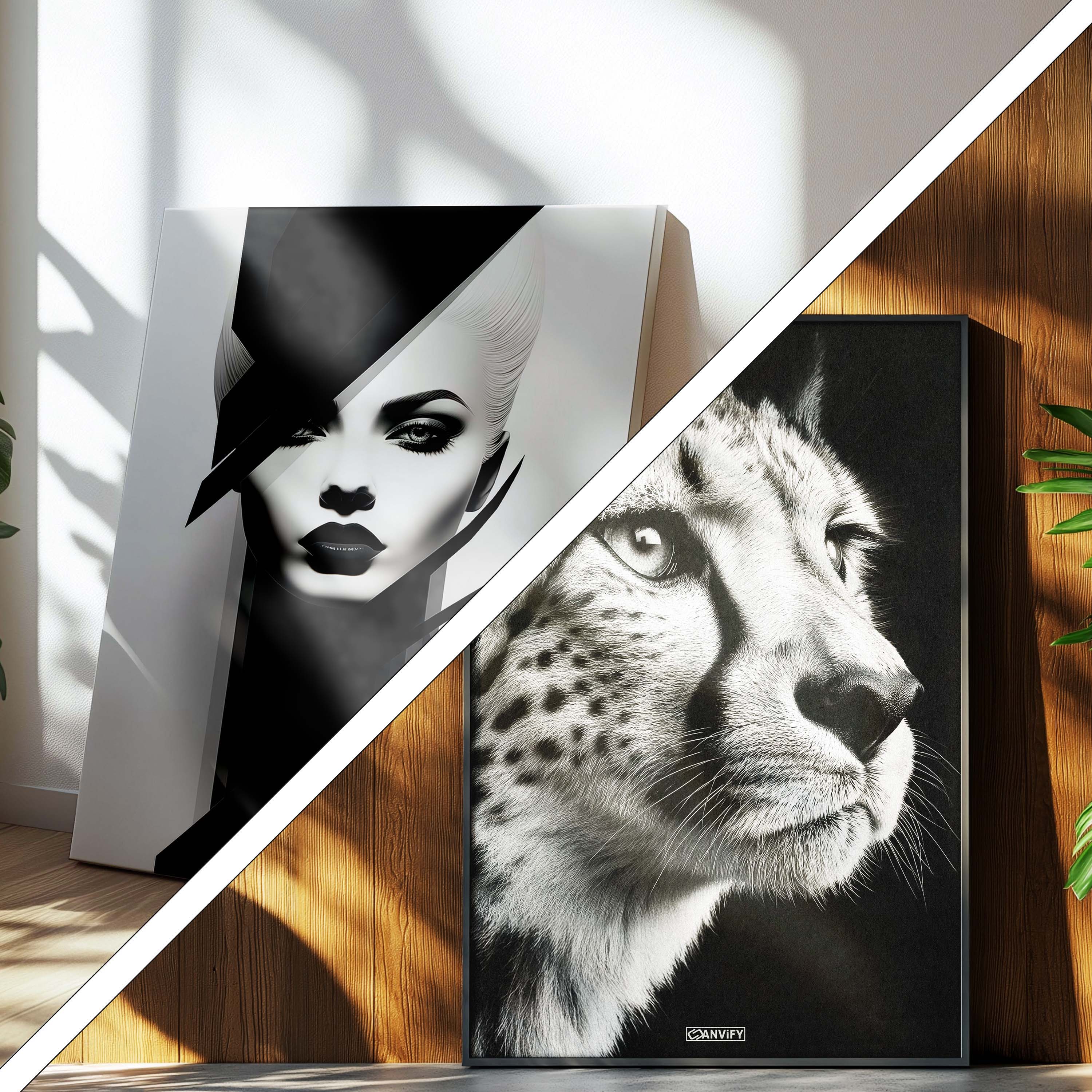 Großes Leinwandbild in der Größe 60x90 cm namens Mystical Monochrome, angelehnt an eine weiße Wand am Boden und ein Poster im Metallrahmen in der Größe 60x90 cm namens Silent Hunter, angelehnt an eine braune Wand am Boden