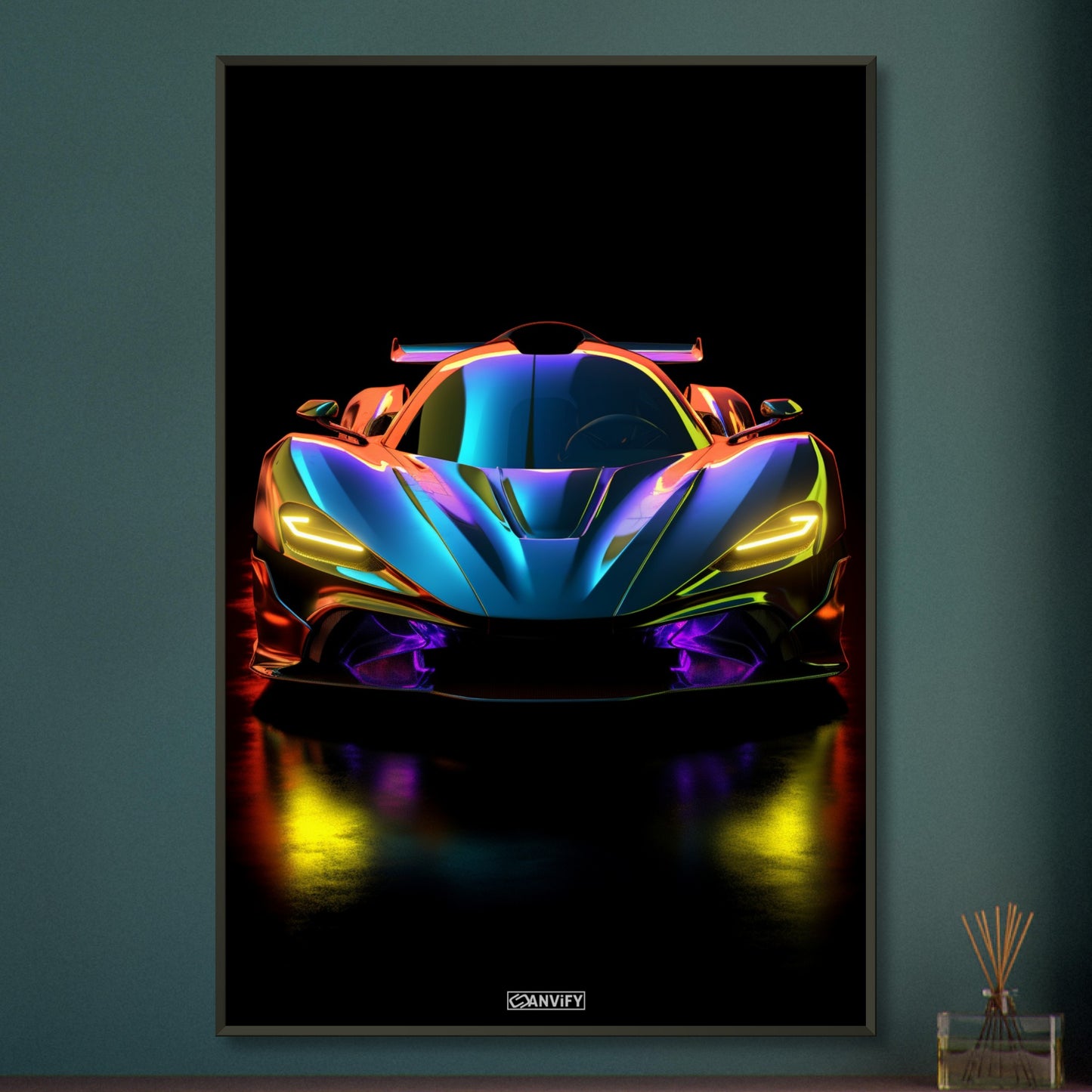 McLaren Senna in blauer Farbe und gelben Frontscheinwerfern auf einem Poster im Metallrahmen