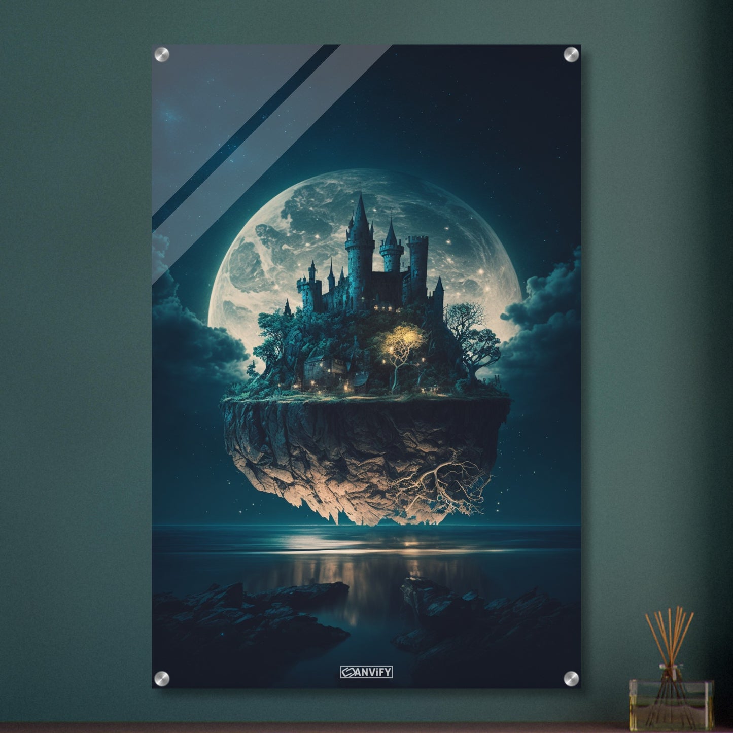 Schwebendes Schloss im Stil von Hogwarts beleuchtet vom Vollmond auf einem Acrylbild