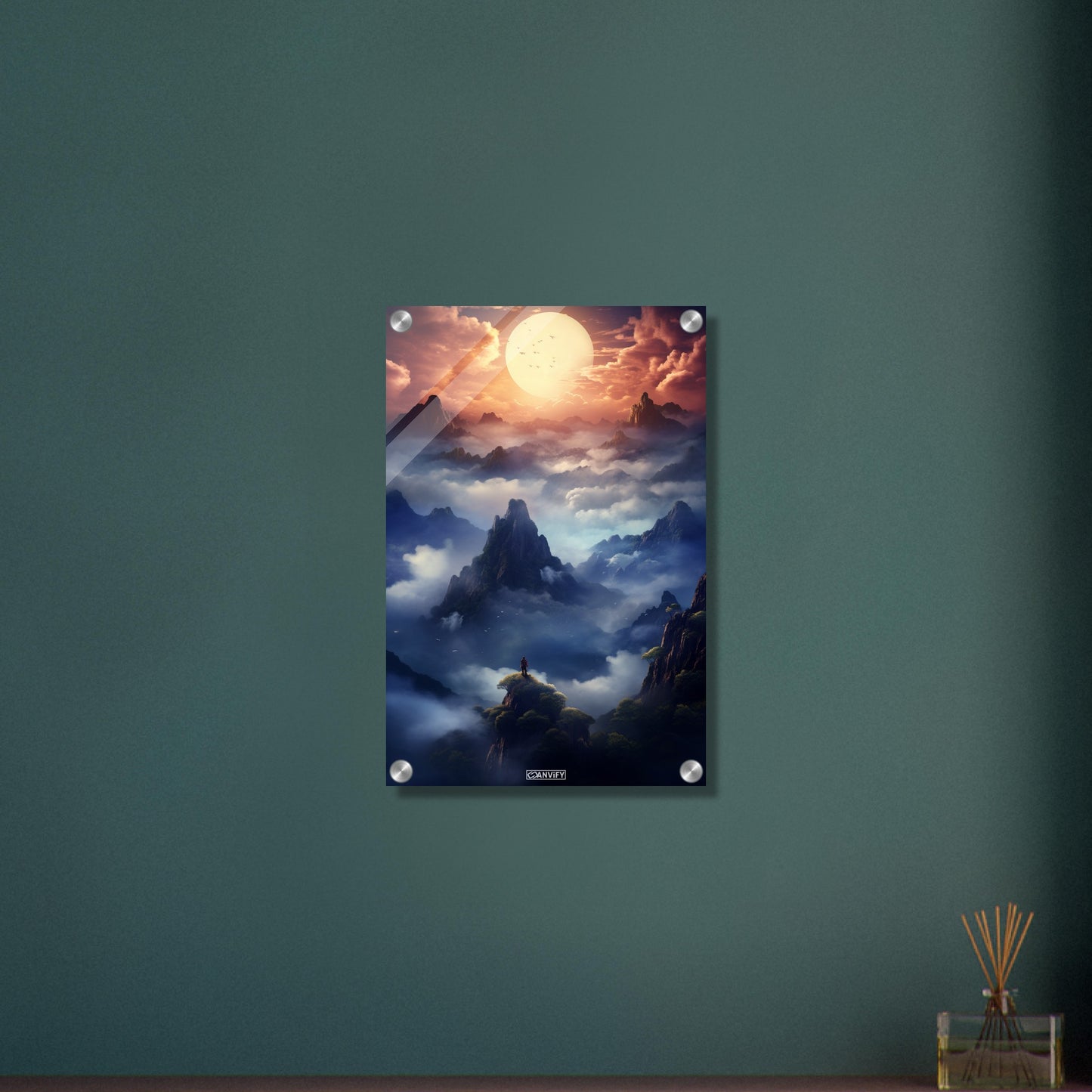 Jerzy Kukuczka über den Wolken auf den mystischen Bergspitzen malerisch dargestellt auf einem Acrylbild