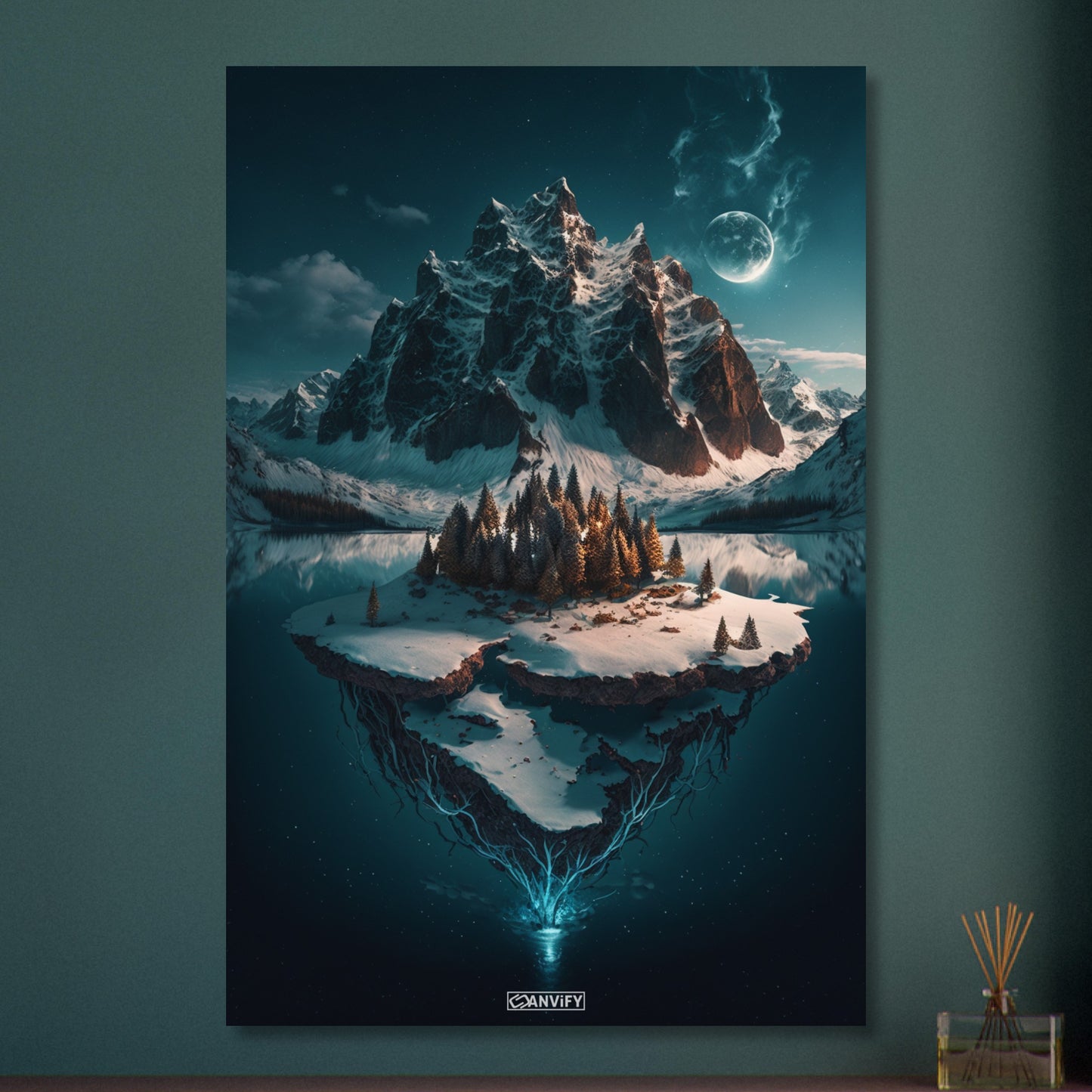 Schneebedeckte Berge mit einer Insel im See bedeckt mit Nadelbäumen auf Aluminium