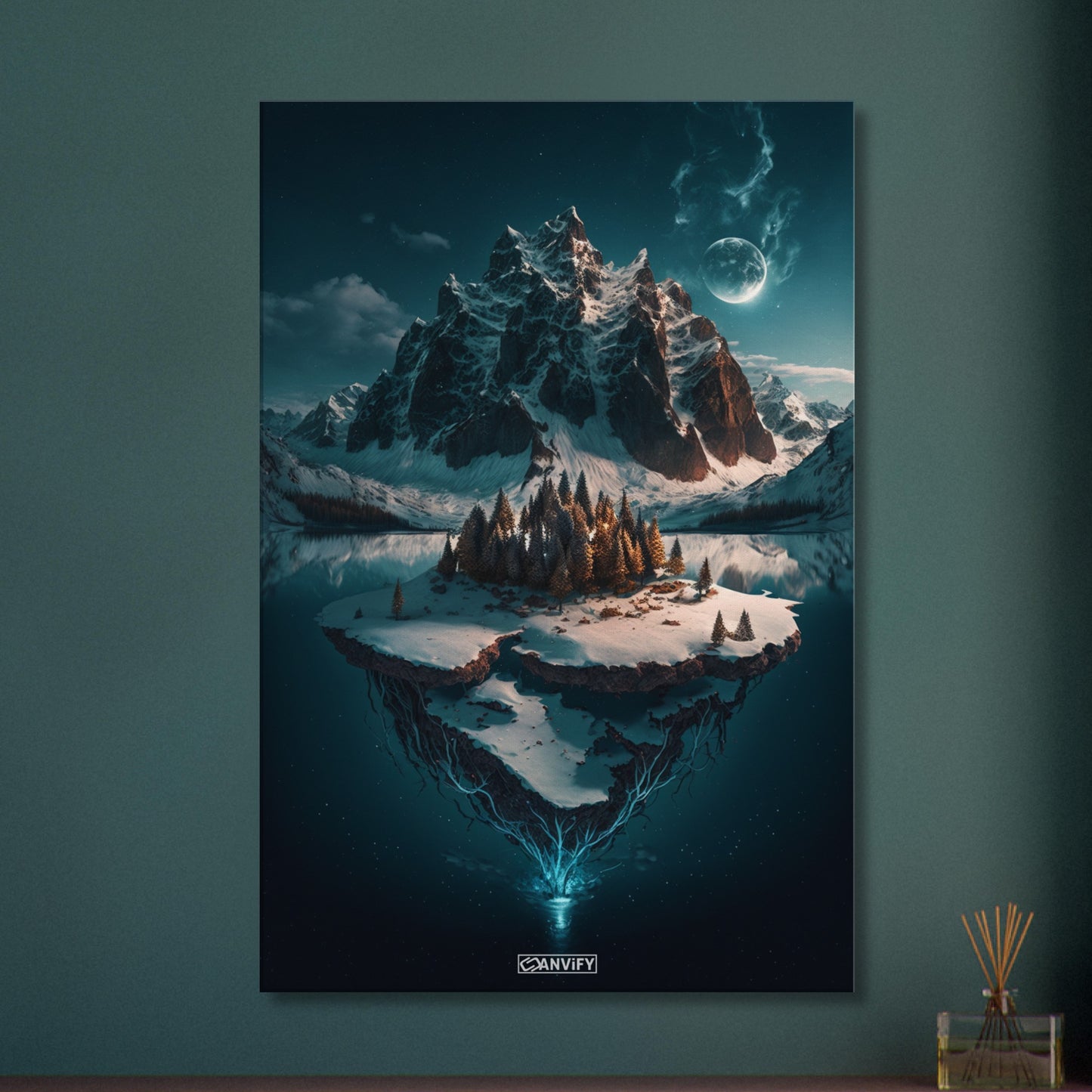 Schneebedeckte Berge mit einer Insel im See bedeckt mit Nadelbäumen auf einer Leinwand