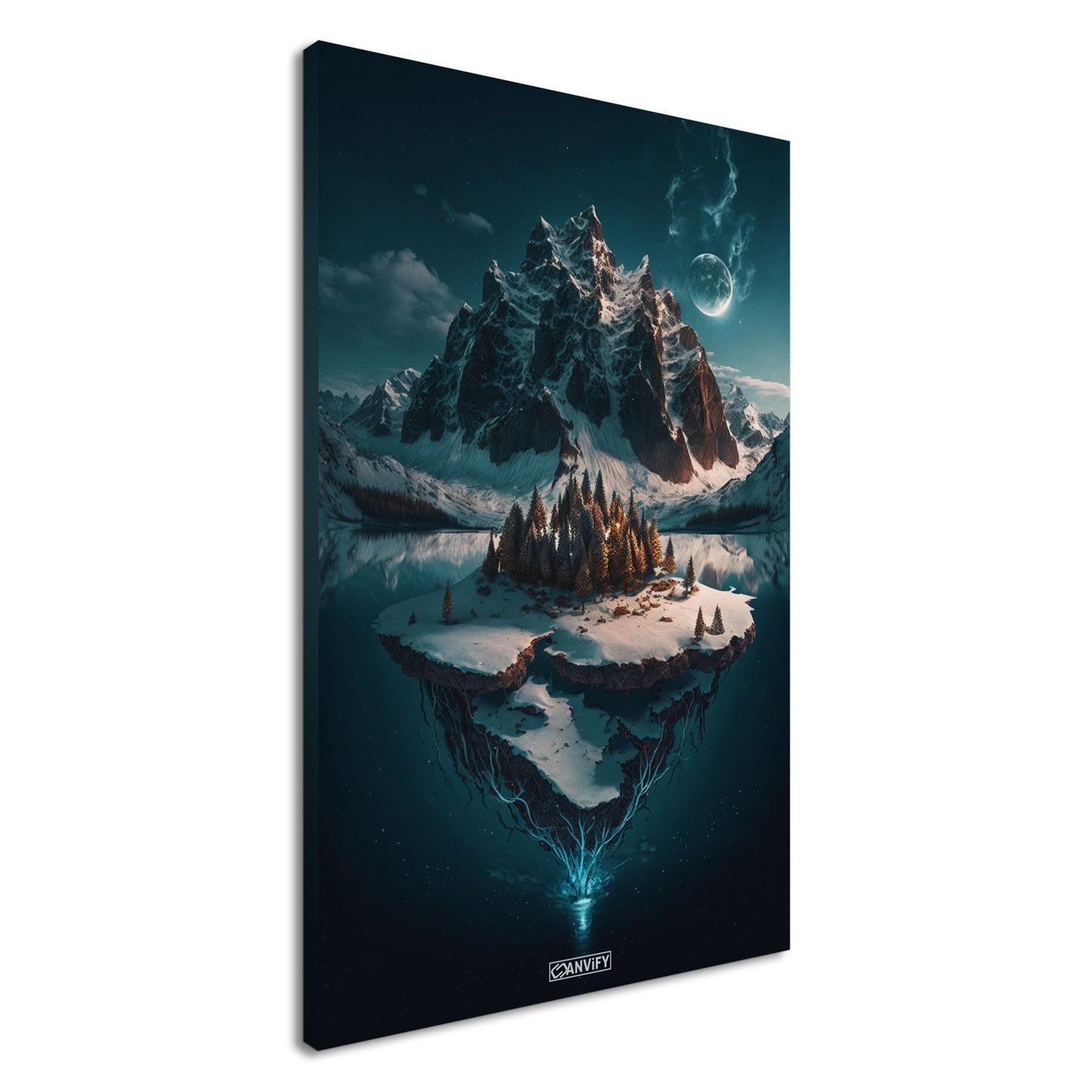 Schneebedeckte Berge mit einer Insel im See bedeckt mit Nadelbäumen auf einer Leinwand