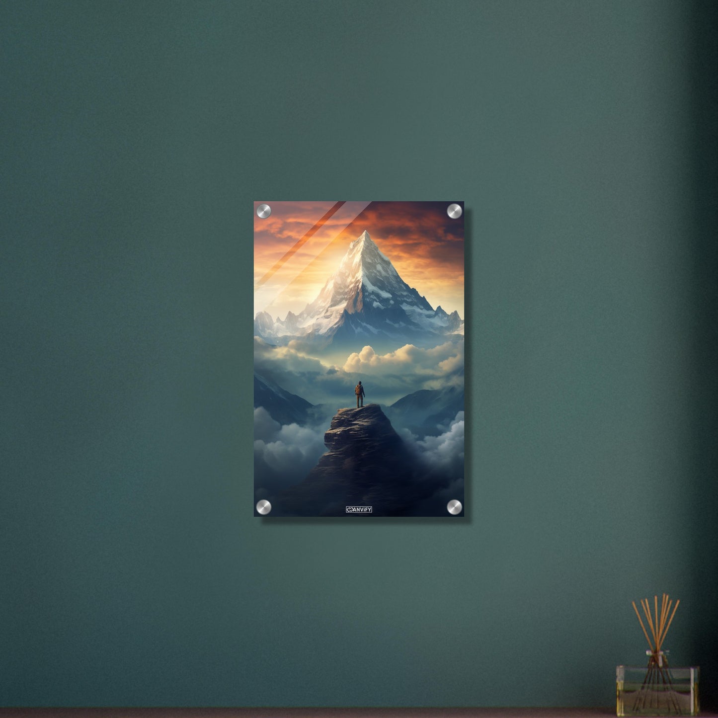 Reinhold Messner über den Wolken auf dem Himalaya malerisch dargestellt auf einem Acrylbild