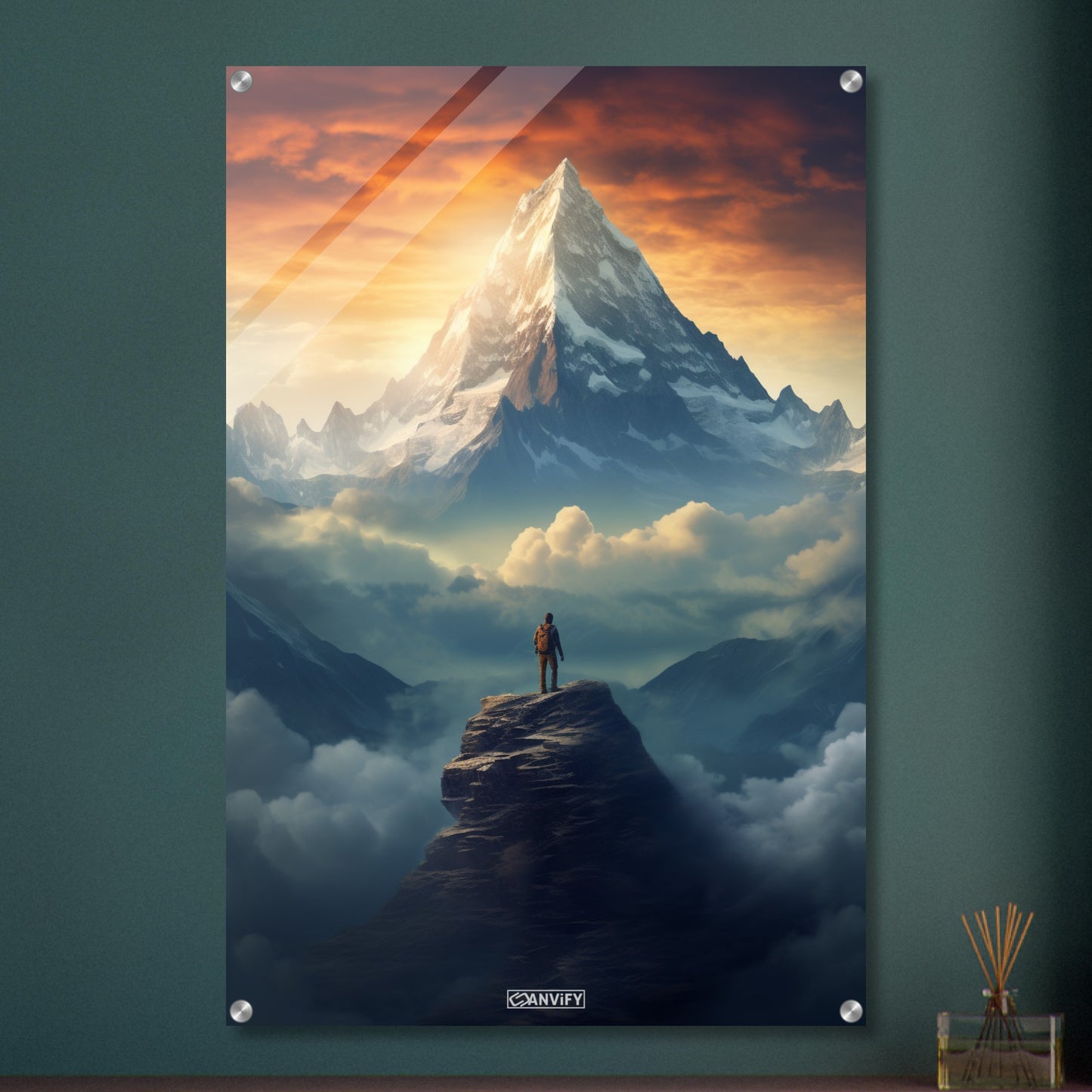 Reinhold Messner über den Wolken auf dem Himalaya malerisch dargestellt auf einem Acrylbild