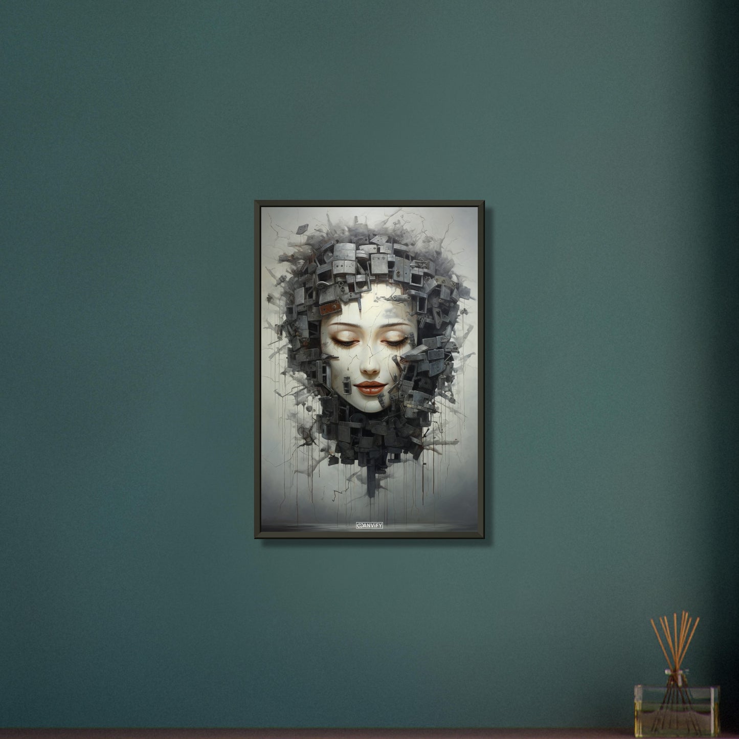 Abstraktes Frauengesicht mit roten Lippen auf einem Poster im Metallrahmen