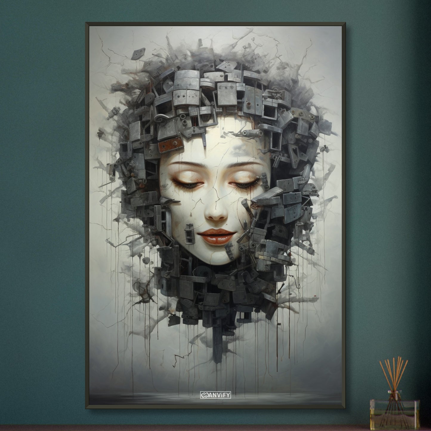 Abstraktes Frauengesicht mit roten Lippen auf einem Poster im Metallrahmen