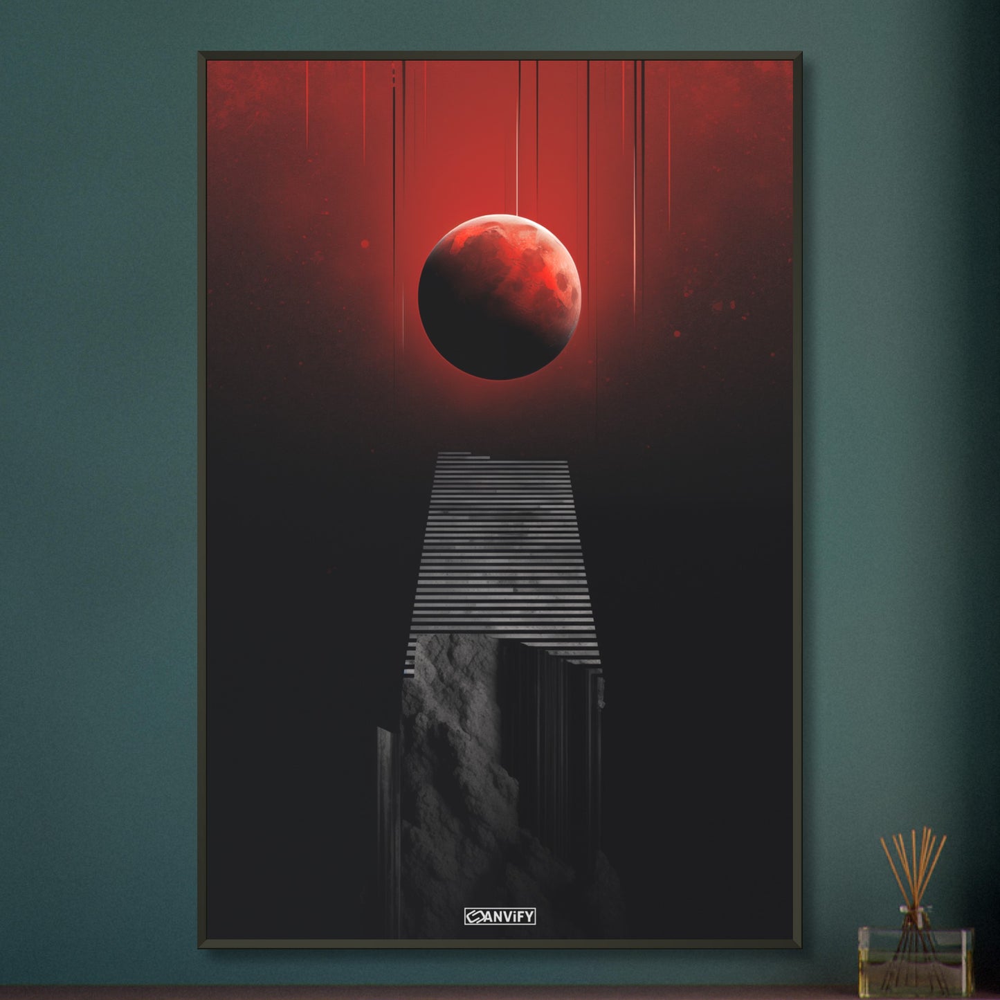 Abstrakter Blutmond schwebend vor einer Treppe auf einem Poster im Metallrahmen