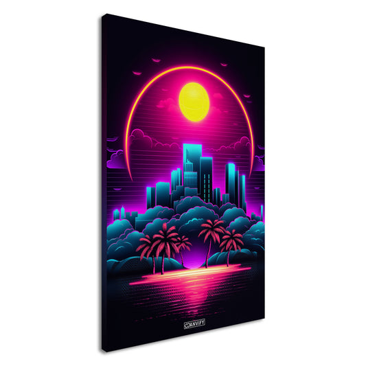 Miami Skyline mit Palmen im einfachen Retrodesign und in Lila und Blauen Farbtönen auf einer Leinwand