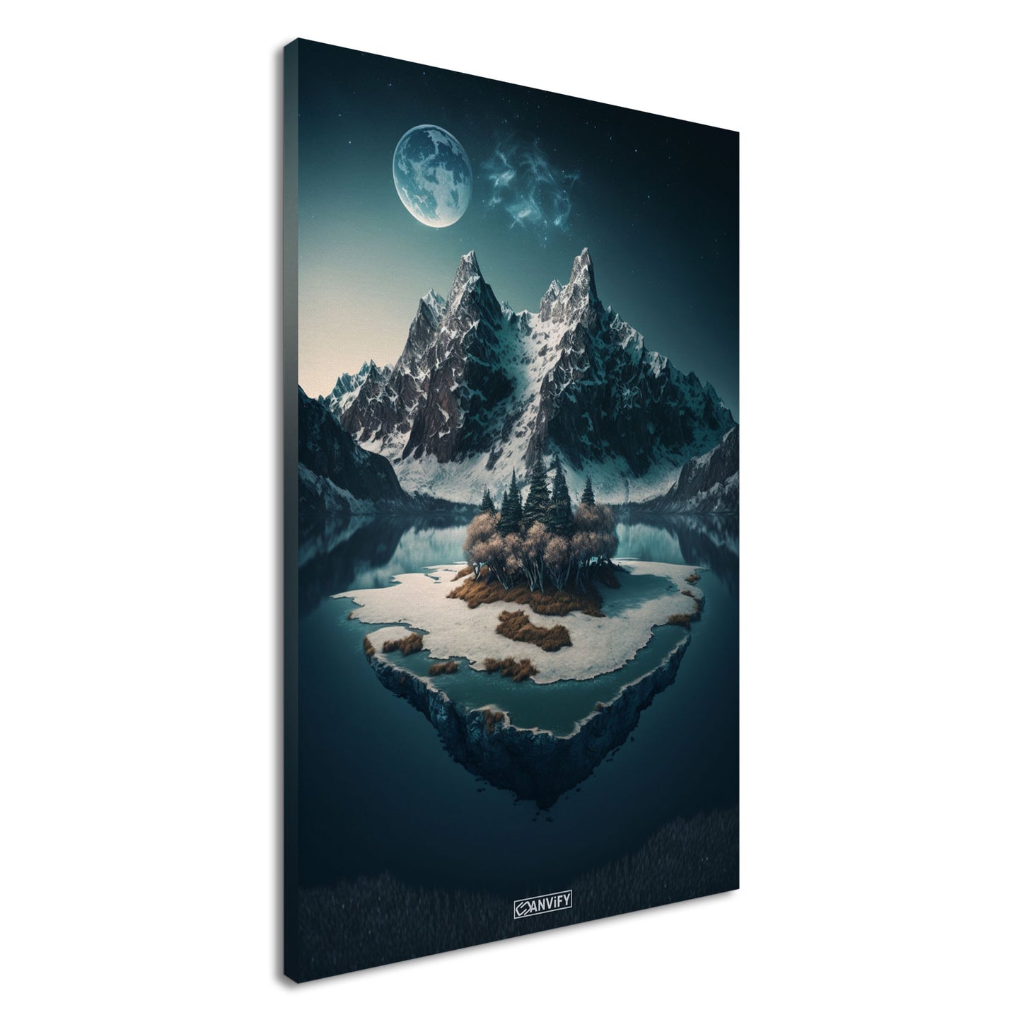 Vollmond mit schneebedeckten Bergen und einer Insel im See auf einer Leinwand