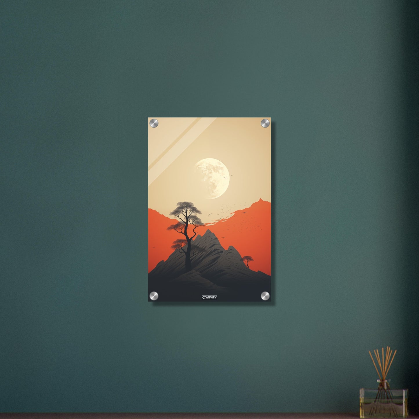 Pulag Berg mit einem Mond minimalistisch dargestellt auf einem Acrylbild