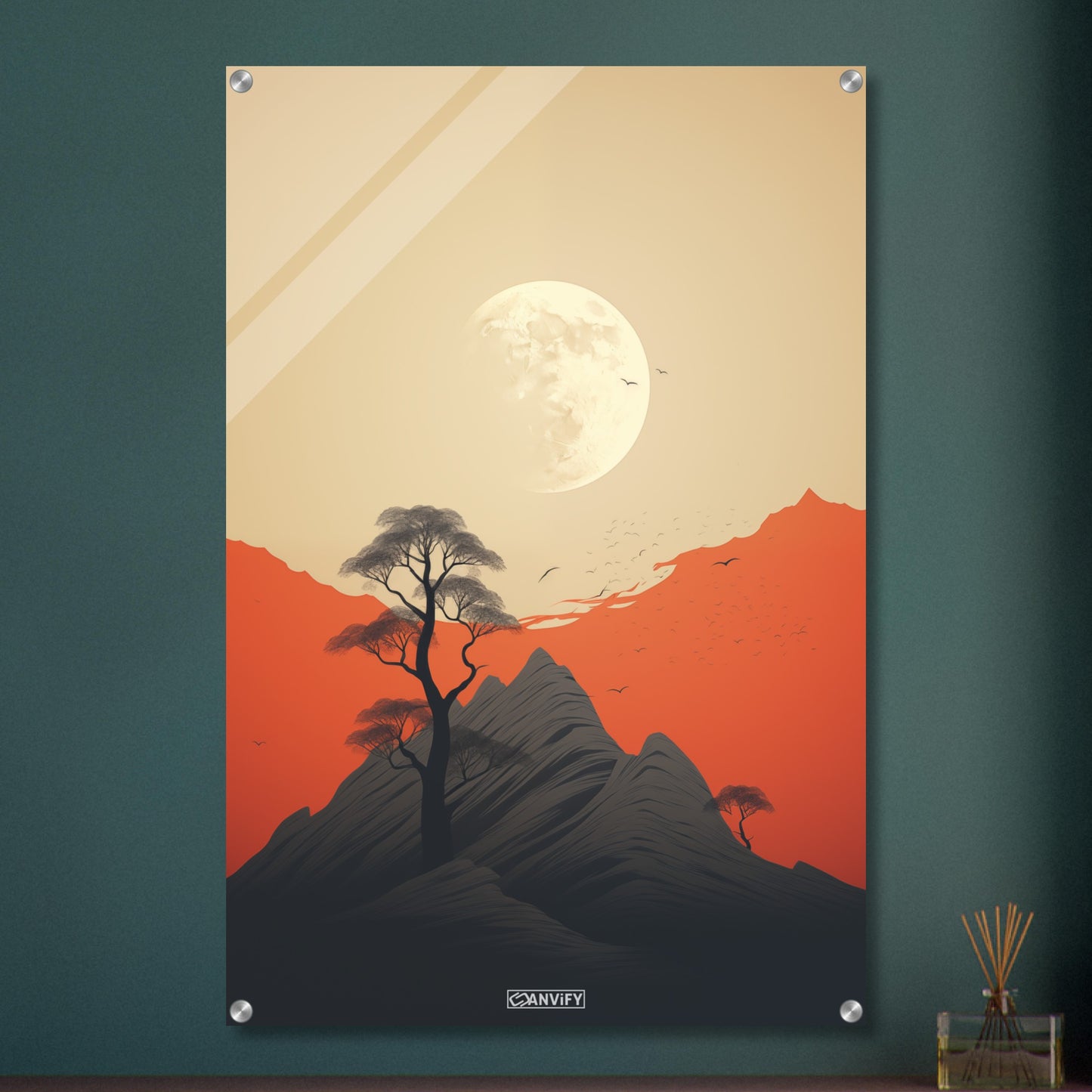 Pulag Berg mit einem Mond minimalistisch dargestellt auf einem Acrylbild