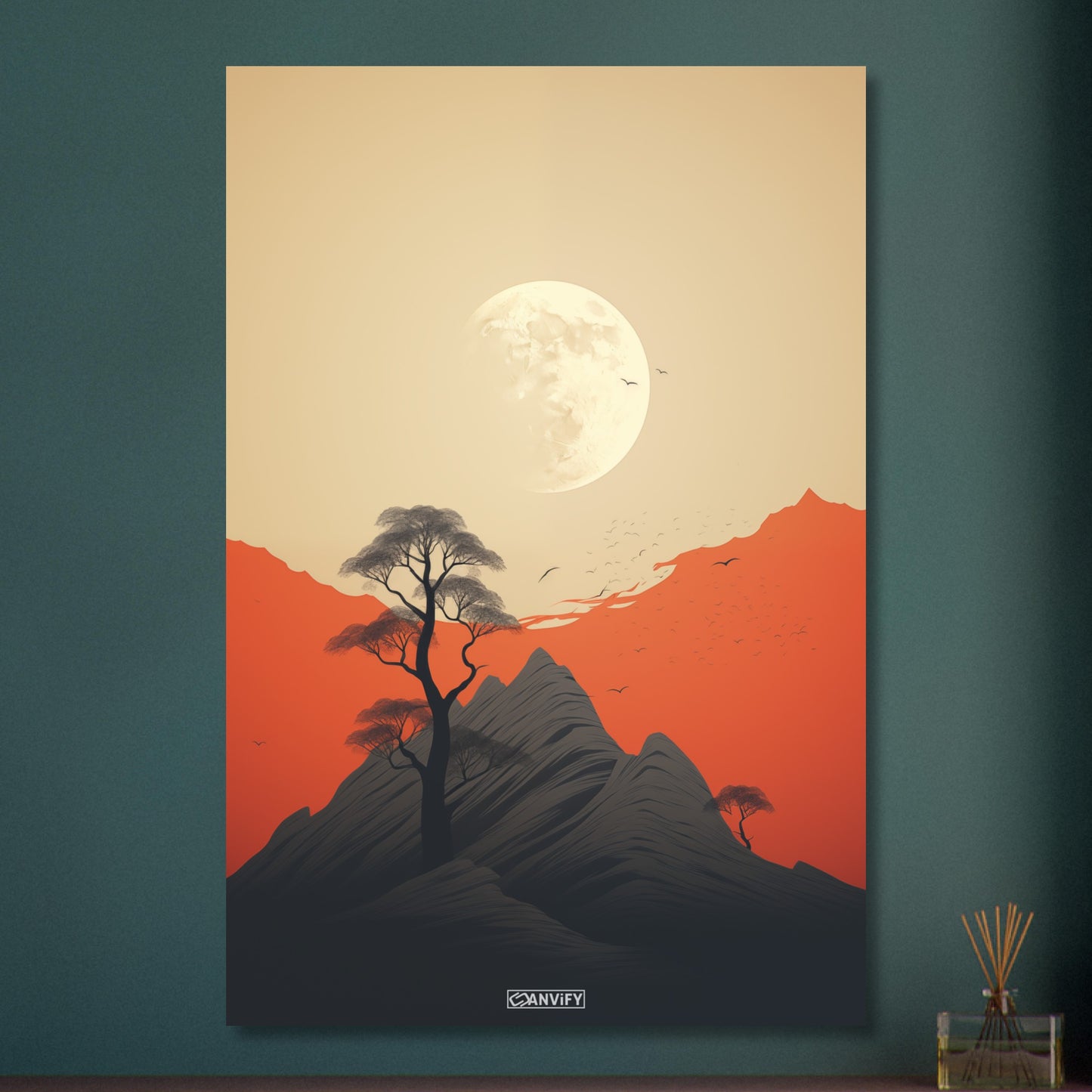 Pulag Berg mit einem Mond minimalistisch dargestellt auf Aluminium