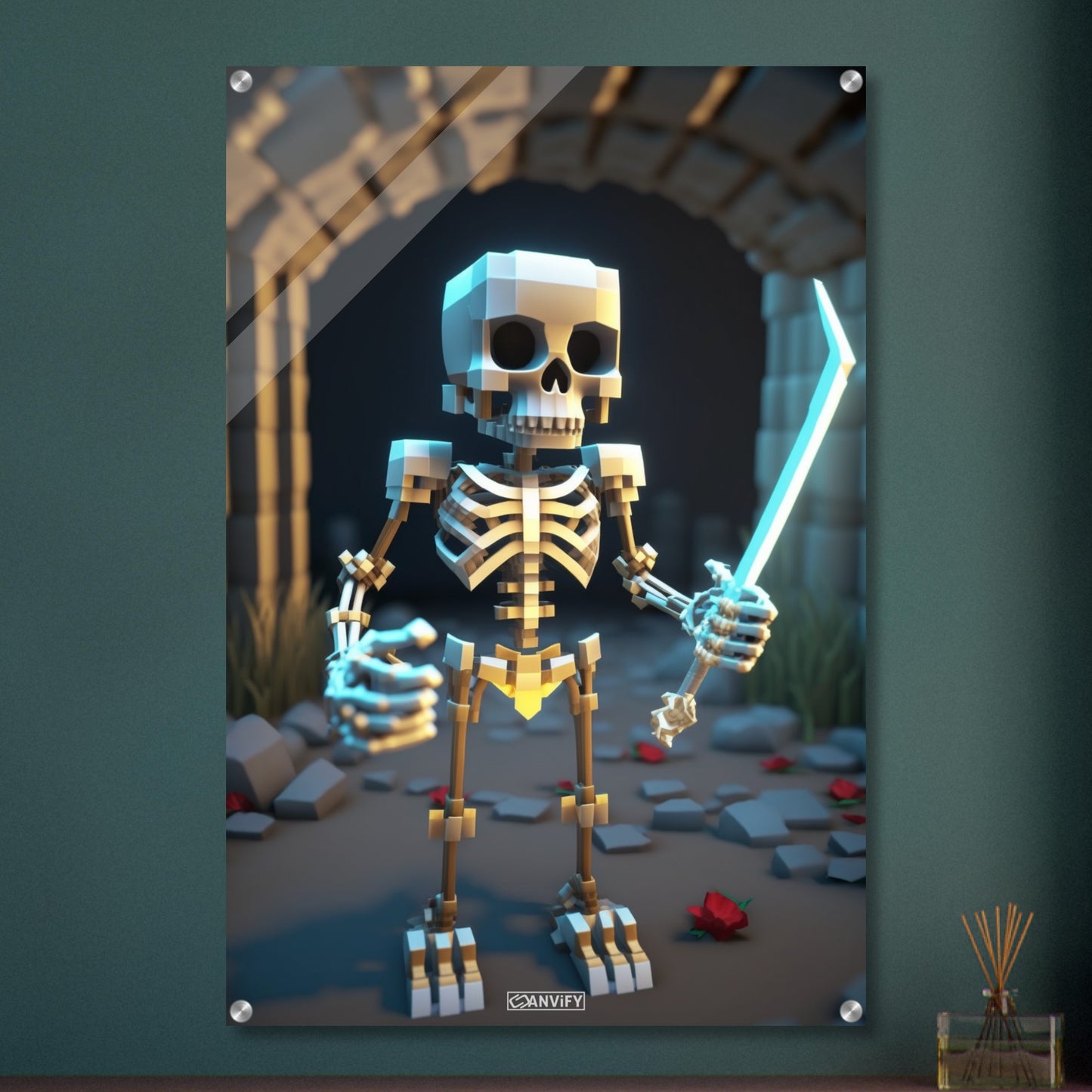 Skelettkrieger mit einem Schwert aus Minecraft auf einem Acrylbild