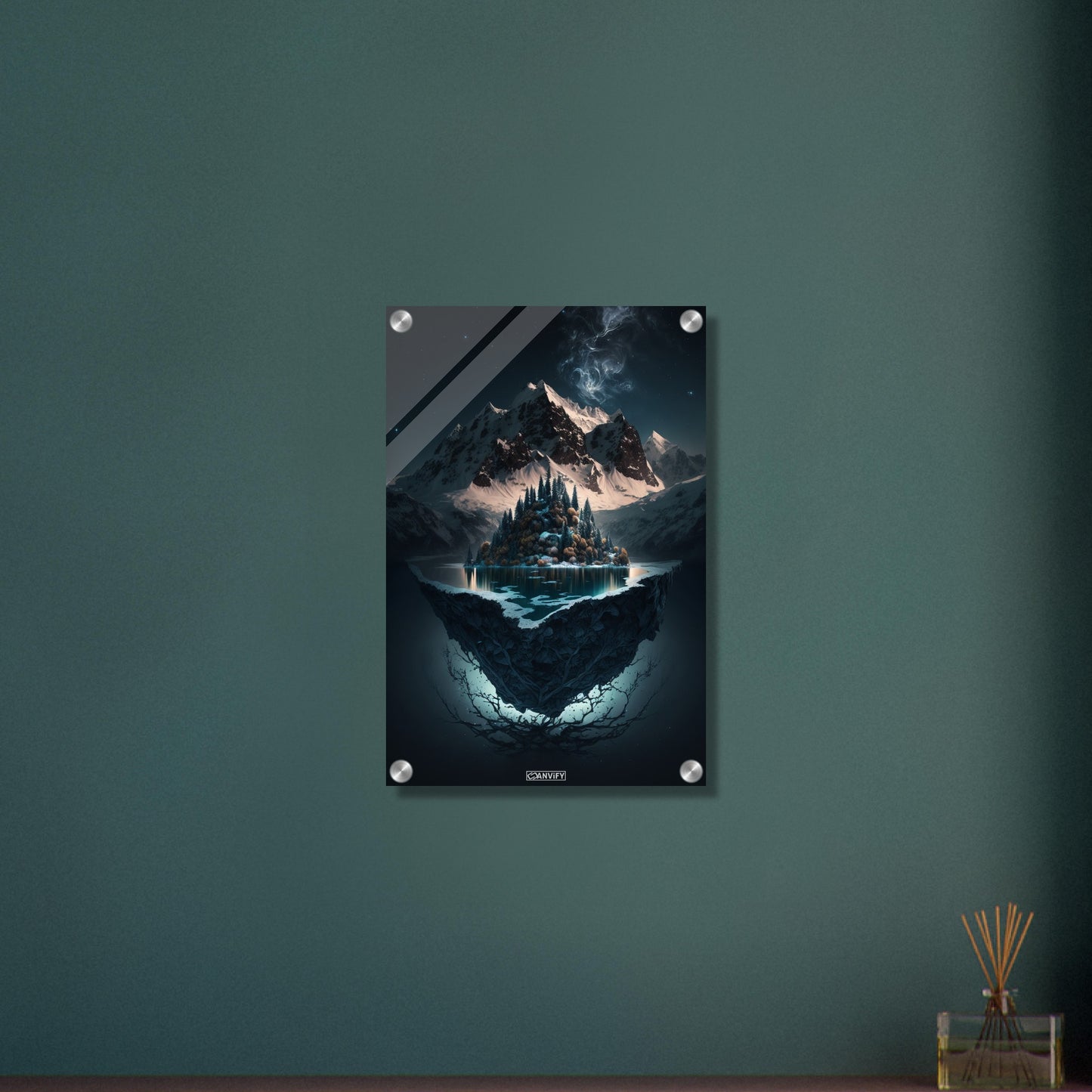 Schwebende Insel mit See, Schnee und dem Himalaya bei Nacht auf einem Acrylbild