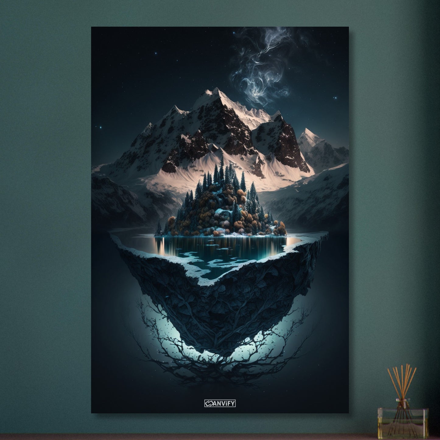 Schwebende Insel mit See, Schnee und dem Himalaya bei Nacht auf Aluminium