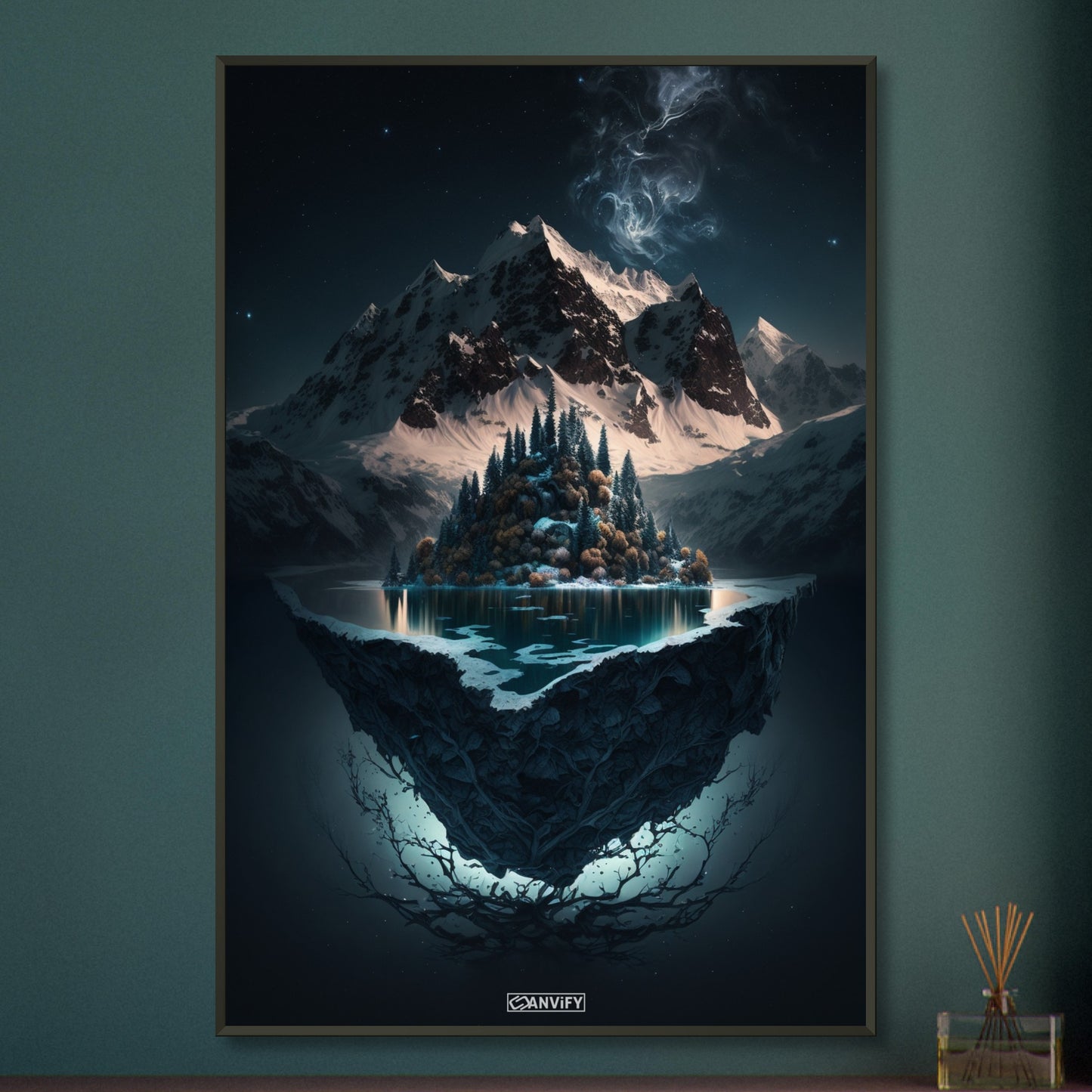 Schwebende Insel mit See, Schnee und dem Himalaya bei Nacht auf einem Poster im Metallrahmen