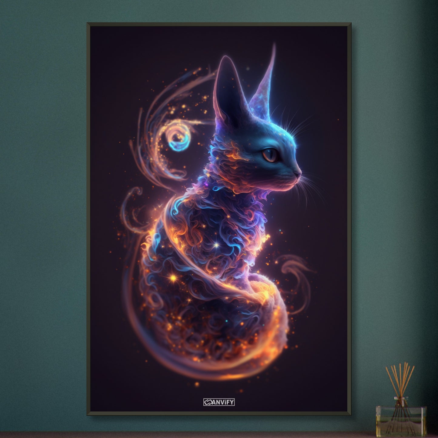 Babykatze in einer Nebelwolke auf einem Poster im Metallrahmen