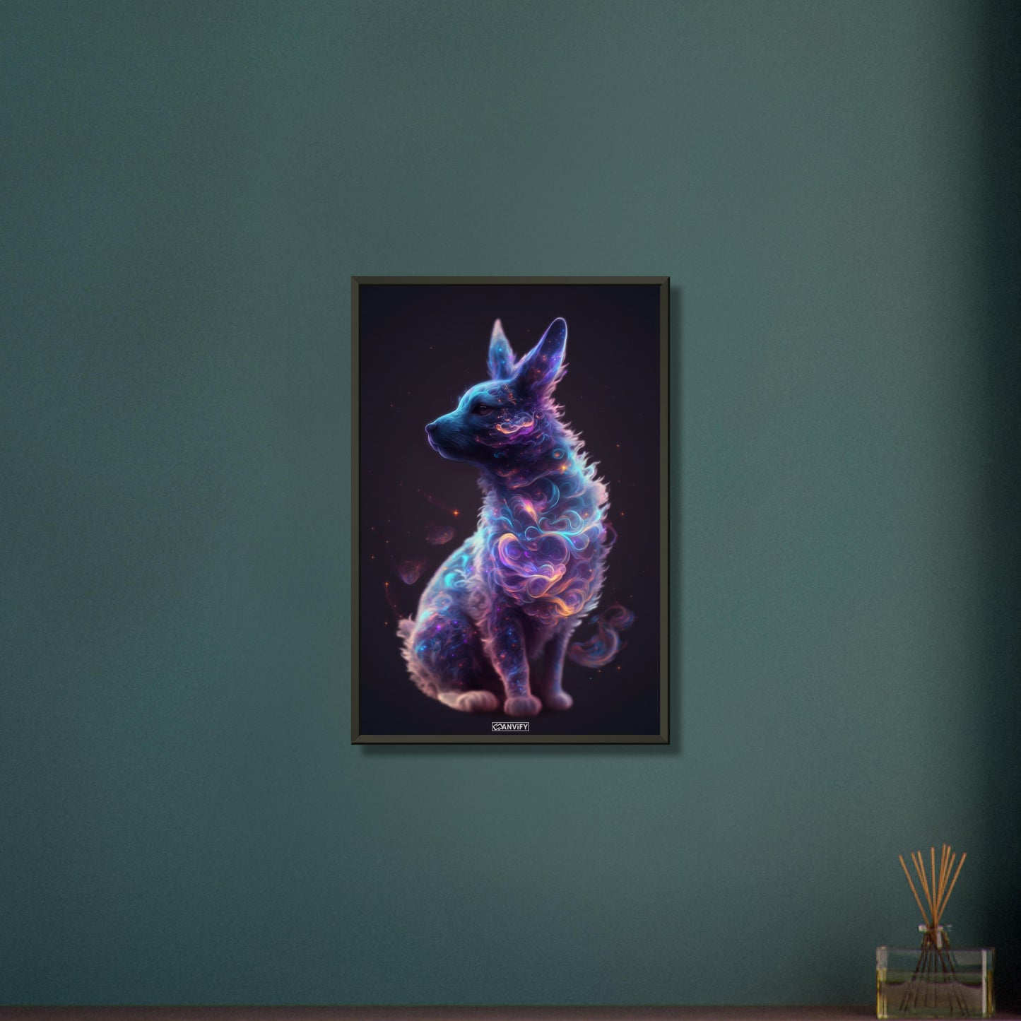 Hundewelpe in einer Nebelwolke auf einem Poster im Metallrahmen