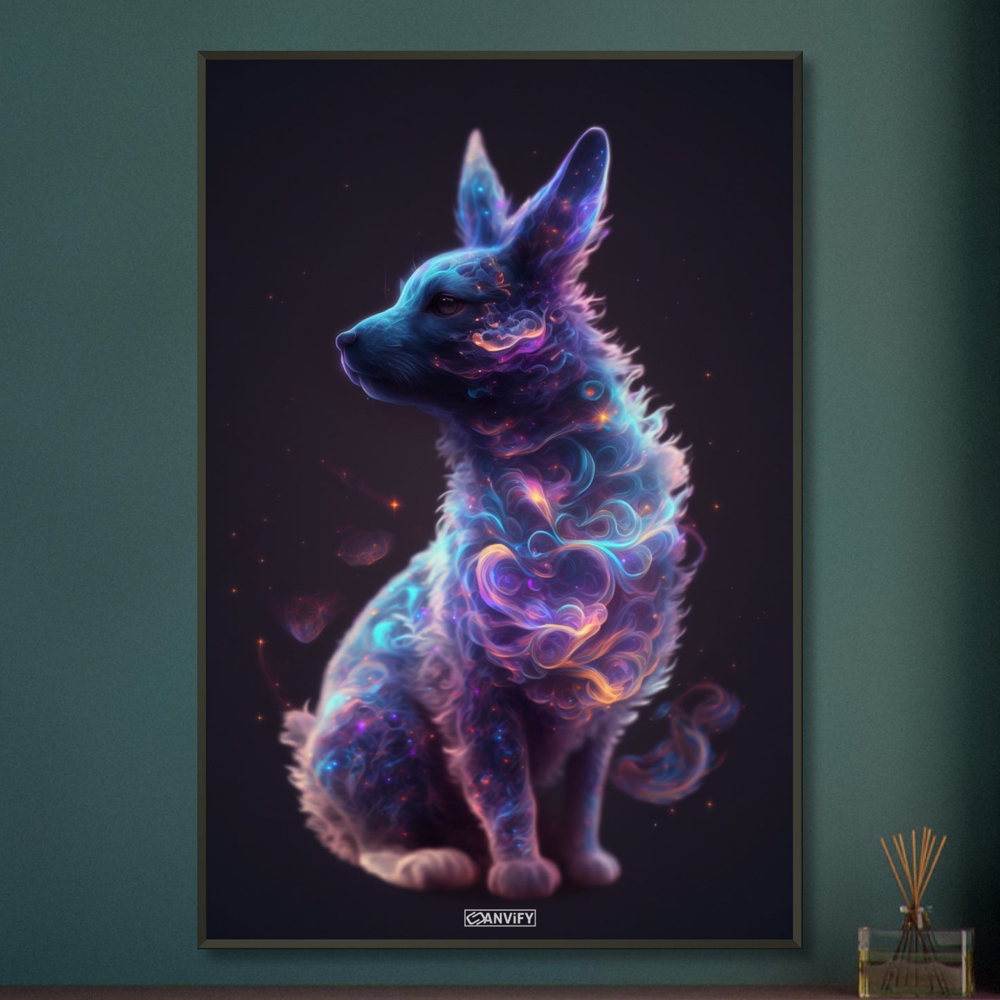 Hundewelpe in einer Nebelwolke auf einem Poster im Metallrahmen