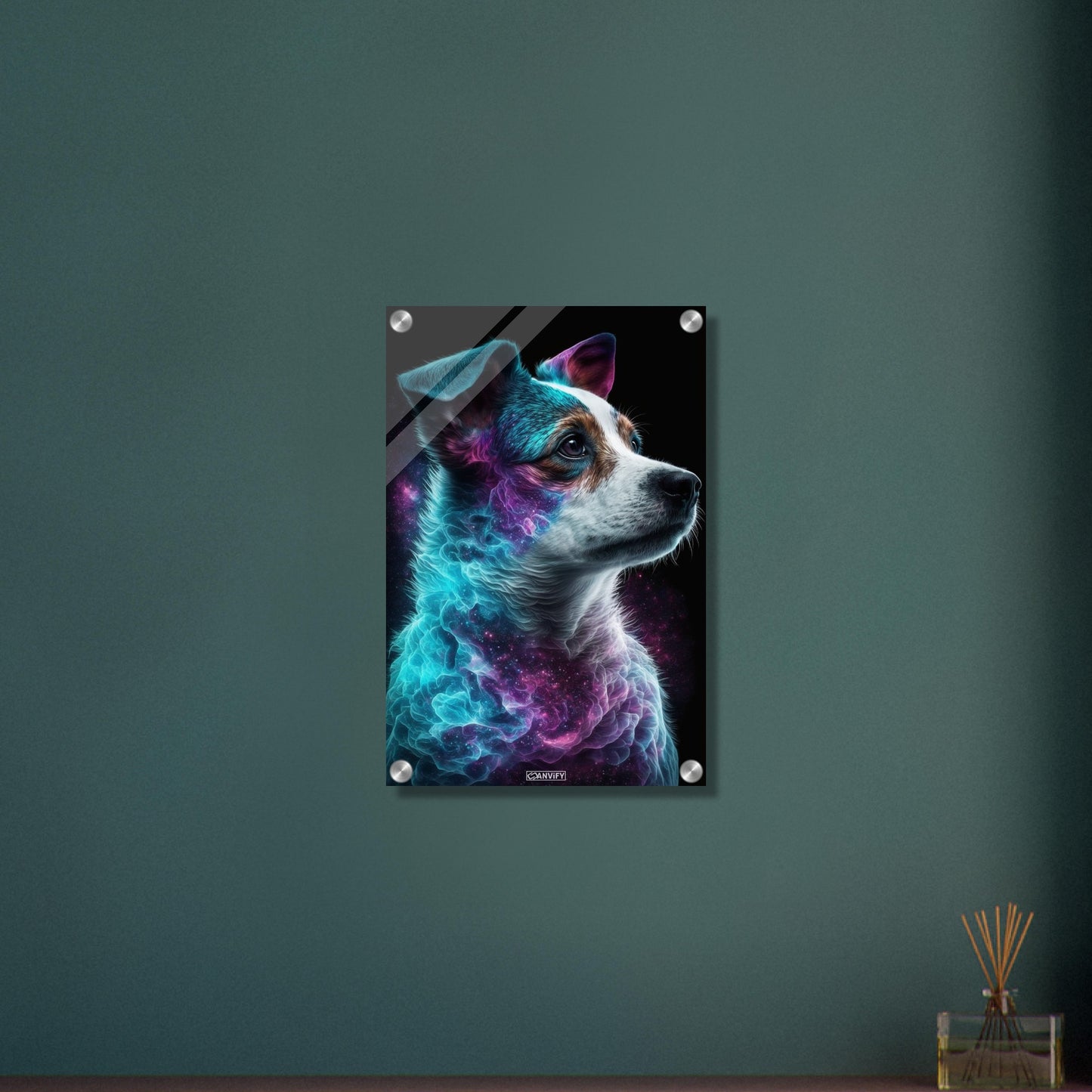 Jack Russell Portrait kombiniert mit der Nebelwolke namens Nebula auf einem Acrylbild
