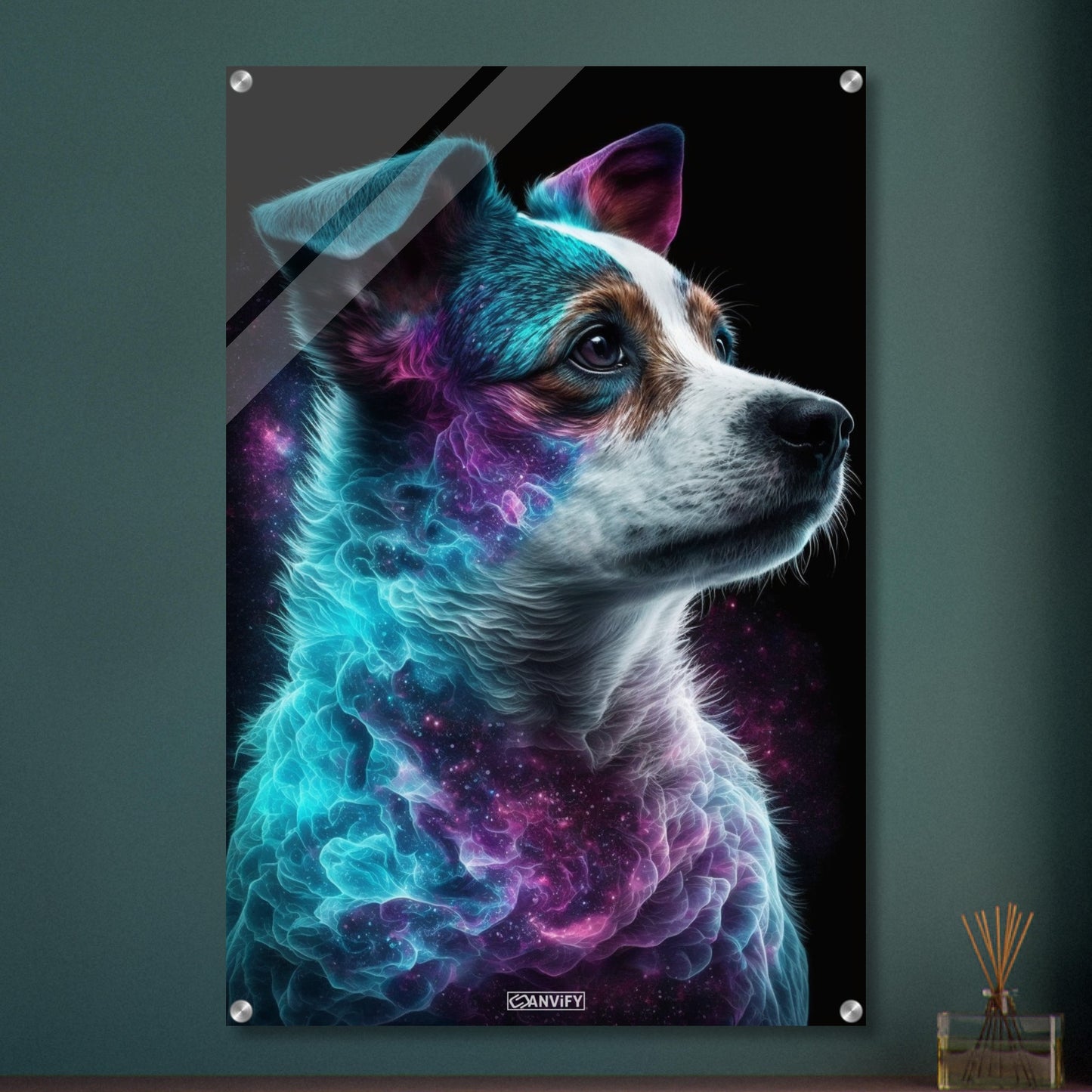 Jack Russell Portrait kombiniert mit der Nebelwolke namens Nebula auf einem Acrylbild