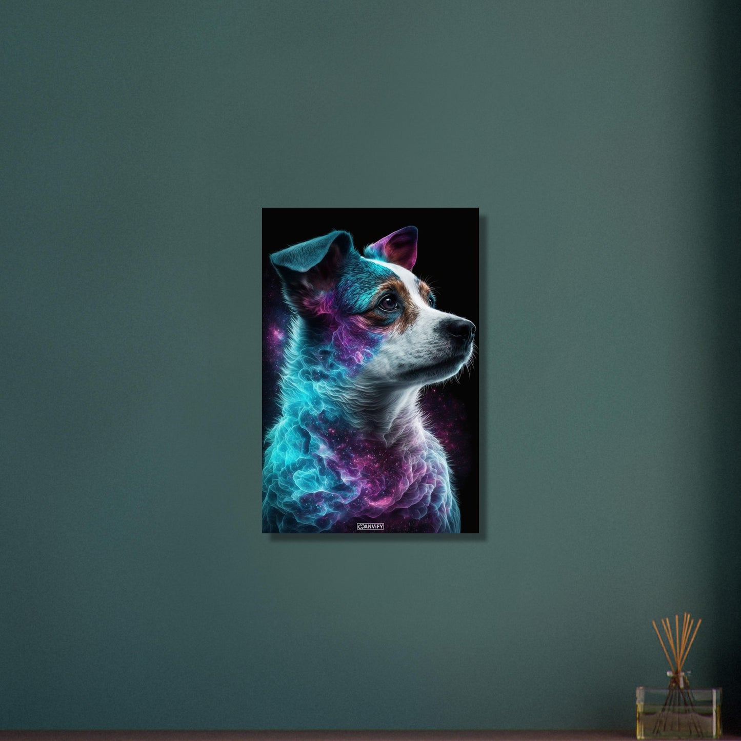 Jack Russell Portrait kombiniert mit der Nebelwolke namens Nebula auf Aluminium