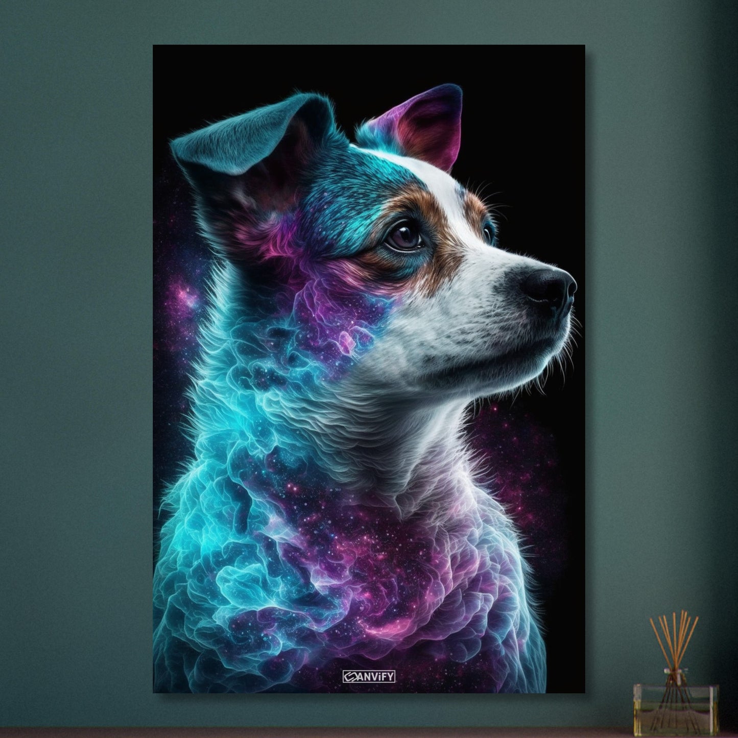 Jack Russell Portrait kombiniert mit der Nebelwolke namens Nebula auf Aluminium