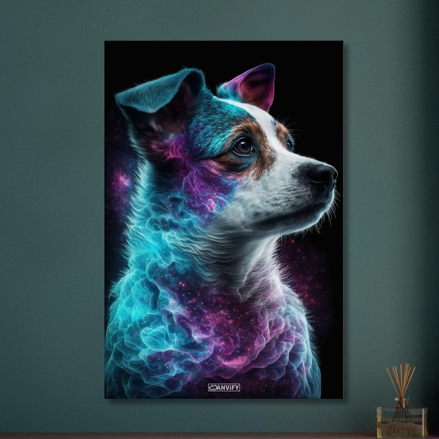 Jack Russell Portrait kombiniert mit der Nebelwolke namens Nebula auf einer Leinwand