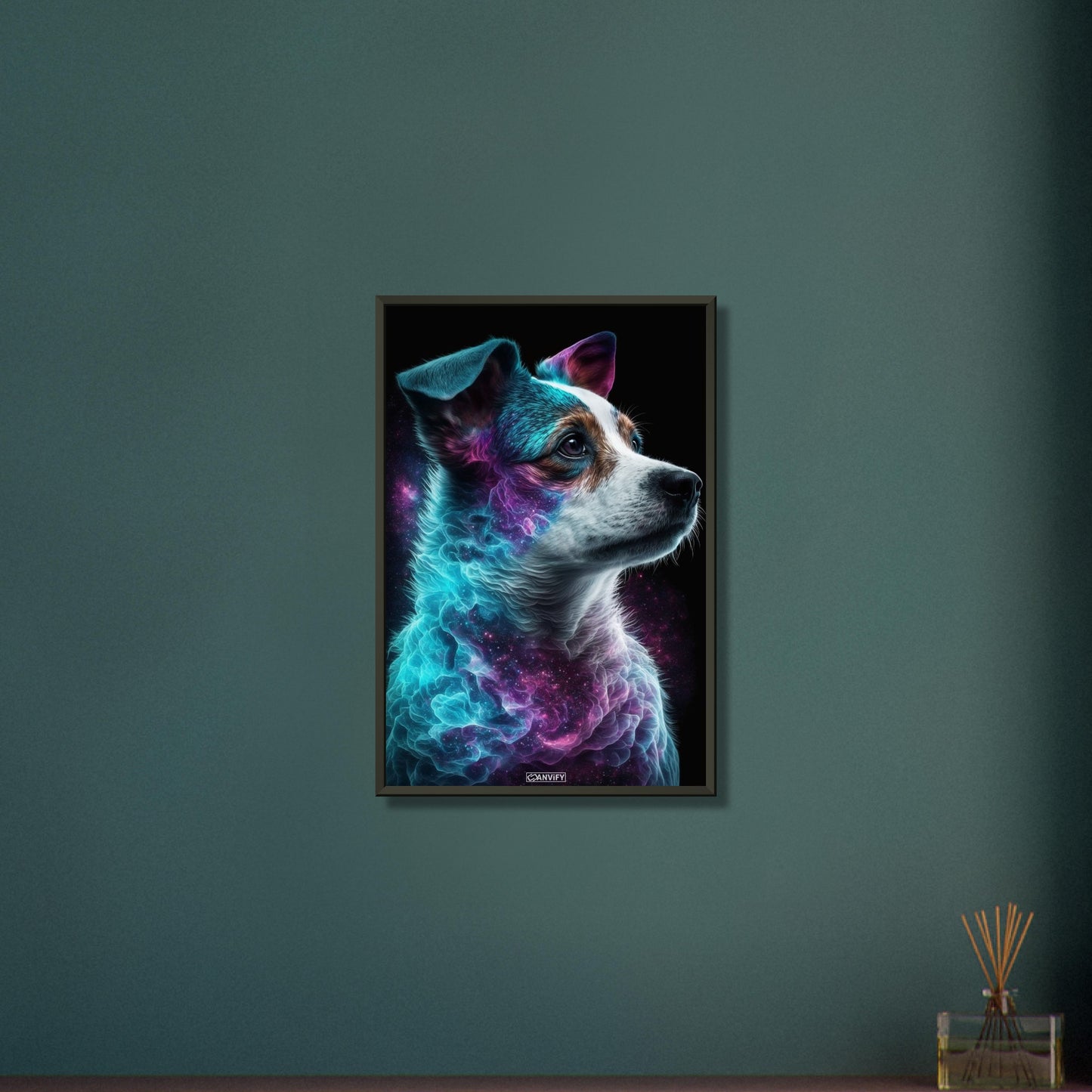 Jack Russell Portrait kombiniert mit der Nebelwolke namens Nebula auf einem Poster im Metallrahmen