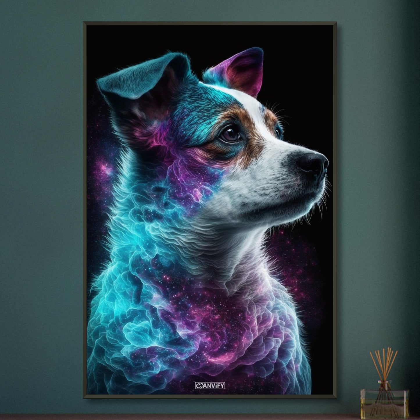 Jack Russell Portrait kombiniert mit der Nebelwolke namens Nebula auf einem Poster im Metallrahmen