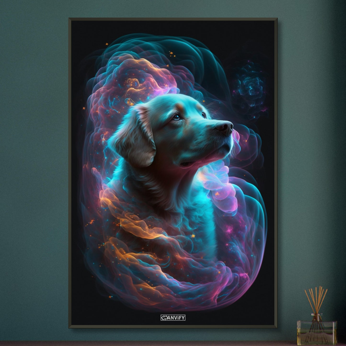 Labrador Portrait kombiniert mit der Nebelwolke namens Nebula auf einem Poster im Metallrahmen