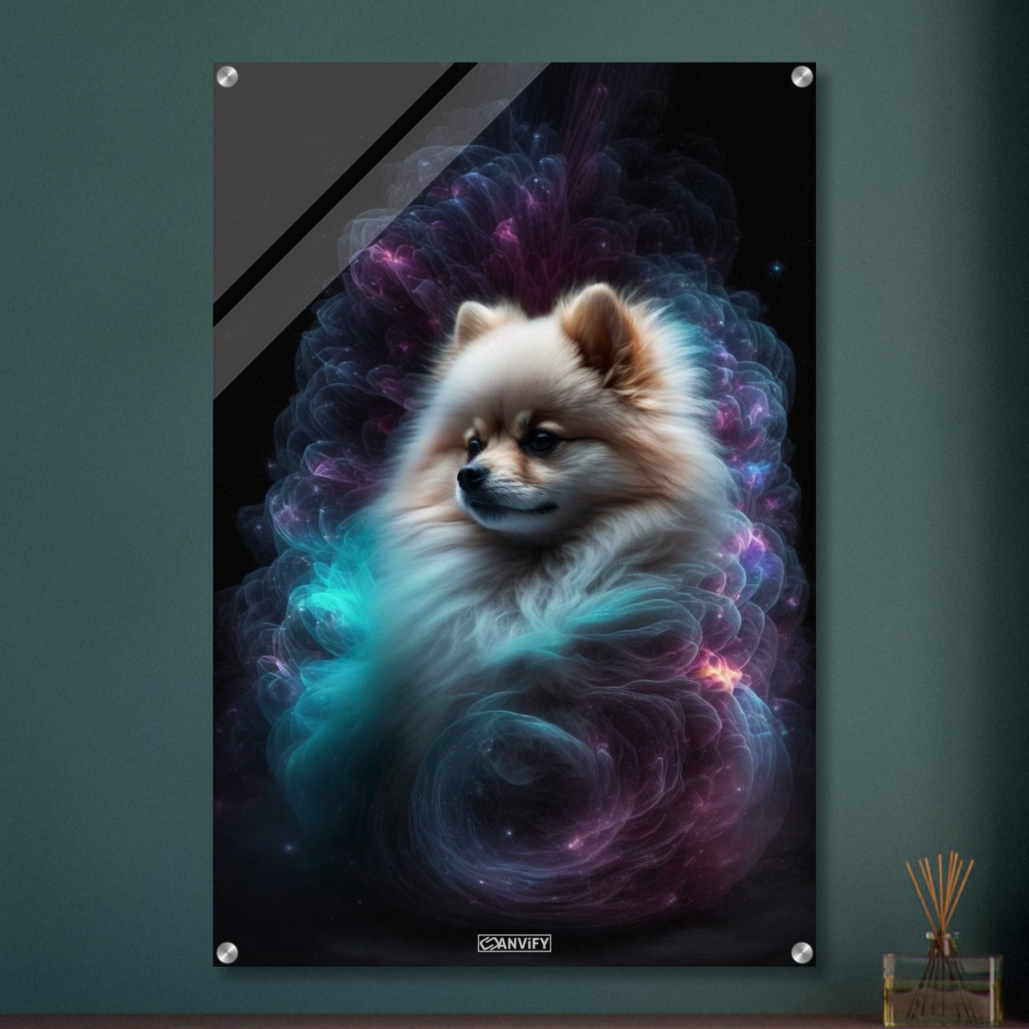 Zwergspitz Portrait kombiniert mit der Nebelwolke namens Nebula auf einem Acrylbild