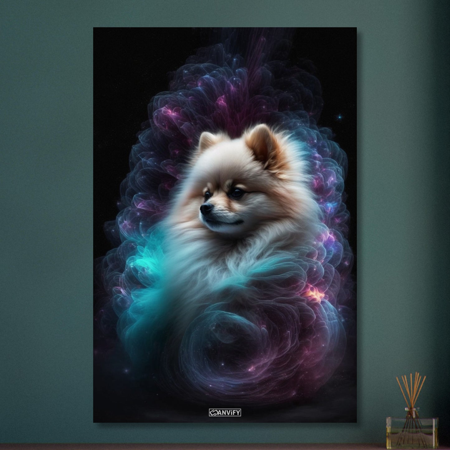 Zwergspitz Portrait kombiniert mit der Nebelwolke namens Nebula auf Aluminium